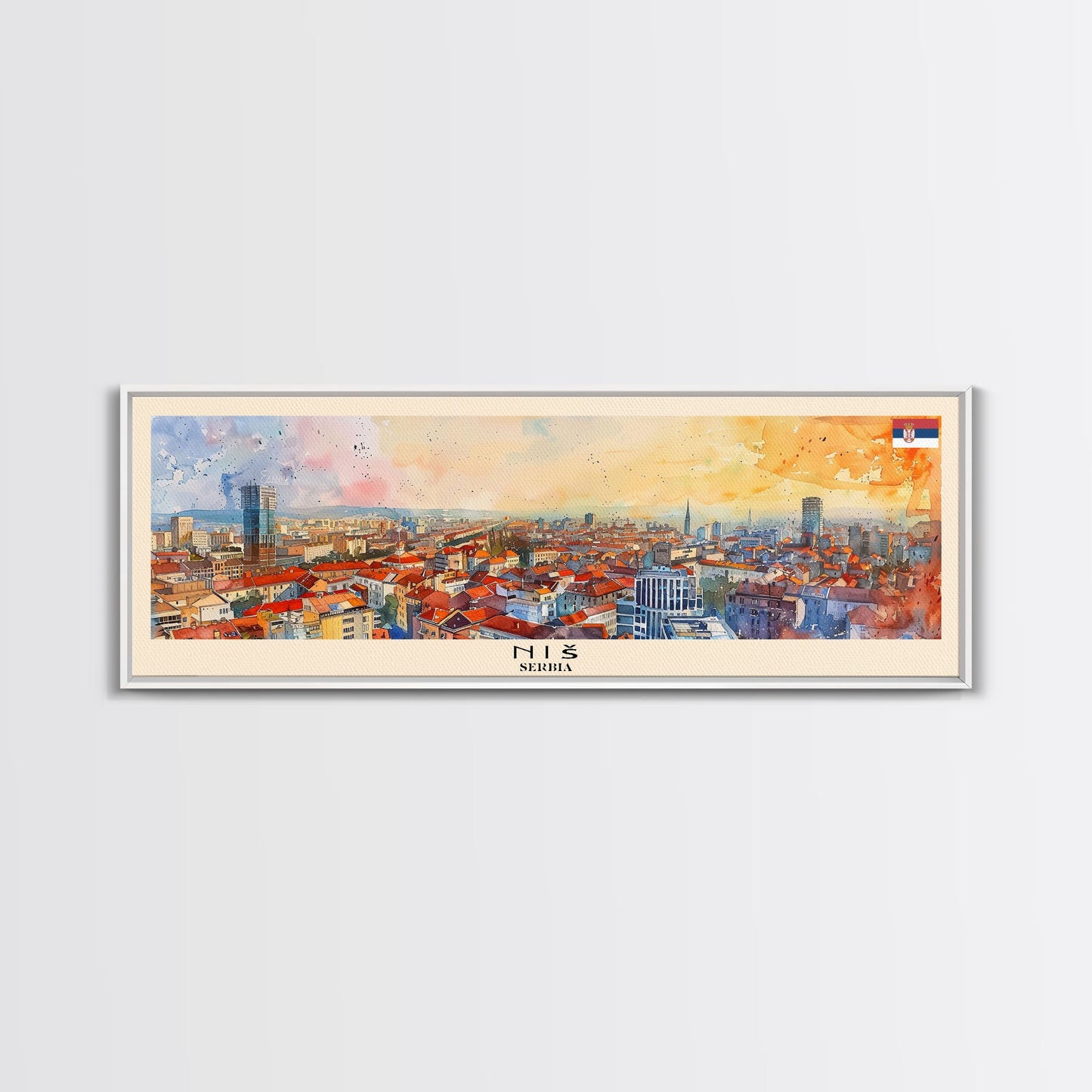 Niš Serbia Panoramic Travel Poster, Framed Canvas Print or Metal Wall Art, Travel Art, Home Decor, Panoramic Painting, Midcentury Art