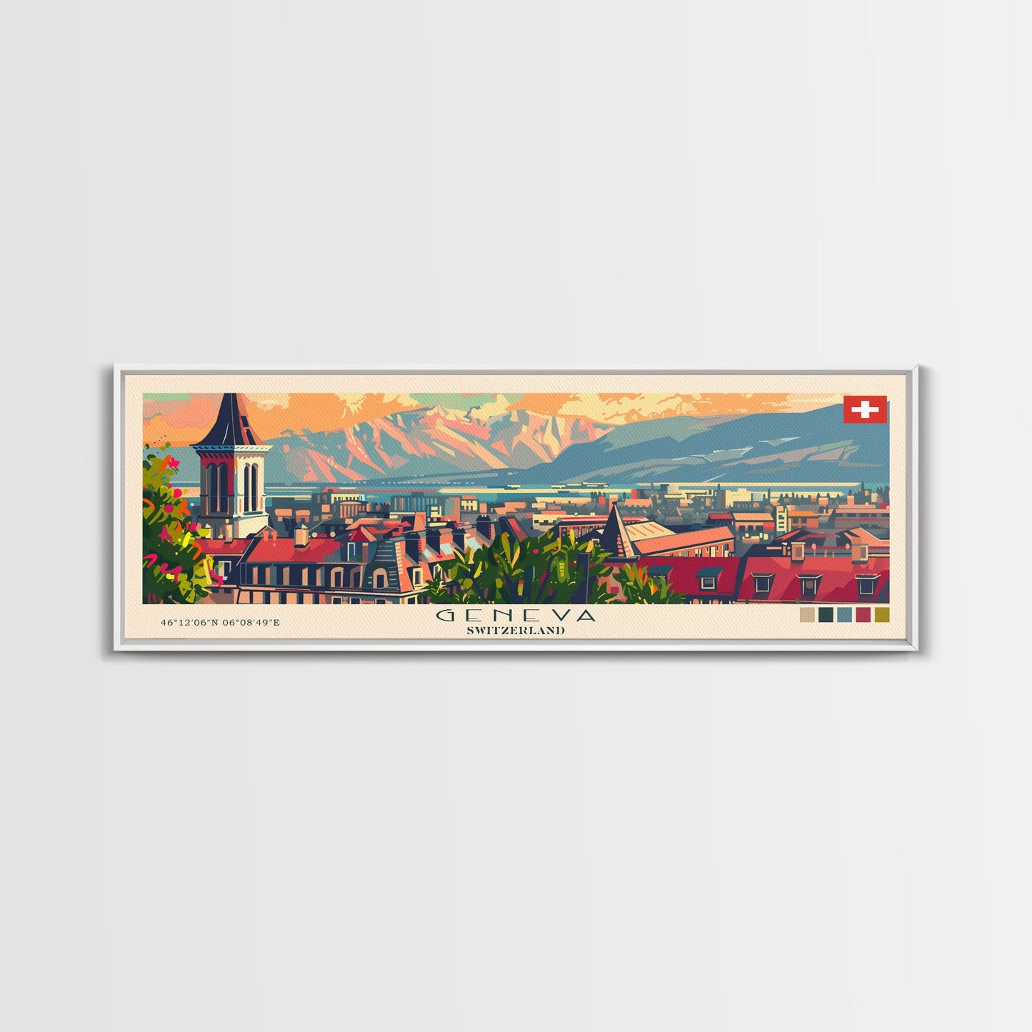 Geneva Switzerland Wall Art, Panoramic Travel Poster, Panoramic Framed Canvas Print, City Wall Art, Wall Hanging Home Decor, Travel Art
