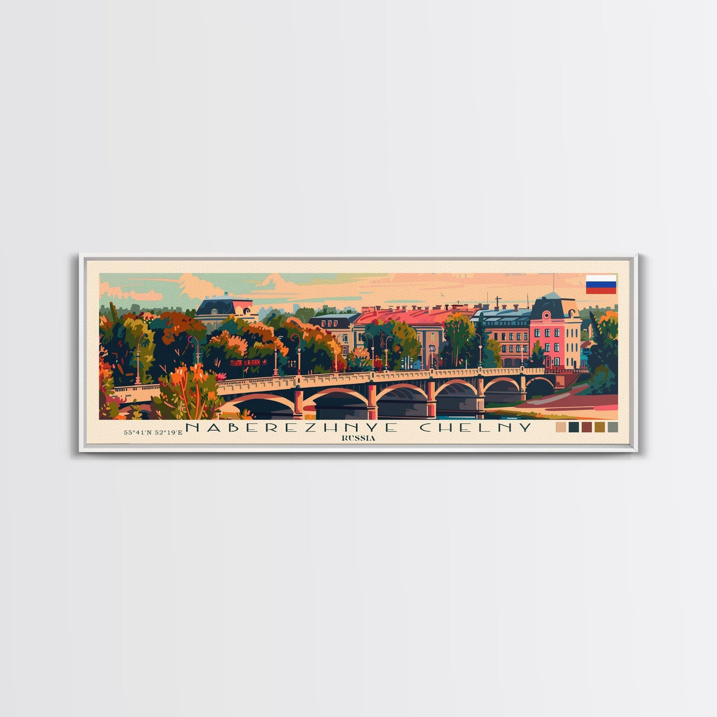 Naberezhnye Russia Travel Art, City Art, Framed Canvas Print or Metal Wall Art, Europe Travel Poster, Panoramic Wall Art, Extra Wide Wall Art