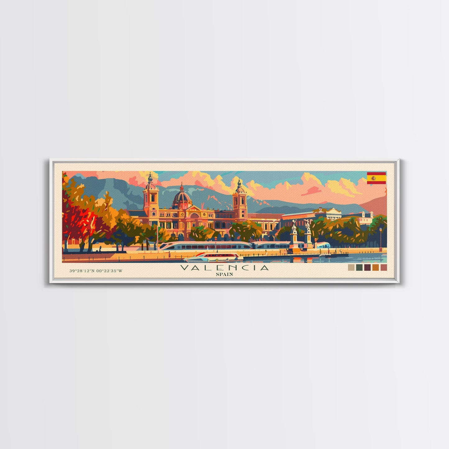Valencia Spain Travel Art, City Art, Framed Canvas Print or Metal Wall Art, Europe Travel Poster, Panoramic Wall Art, Extra Wide Wall Art