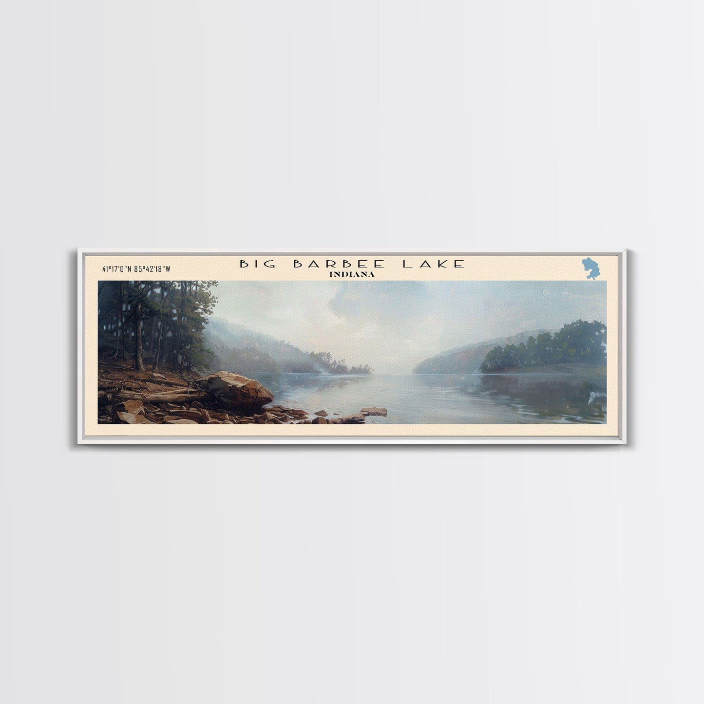 Big Barbee Lake Indiana Framed Canvas Print, Panoramic Lake House Art, Scenic Painting, Travel Poster, Rustic Decor, Nature Scene