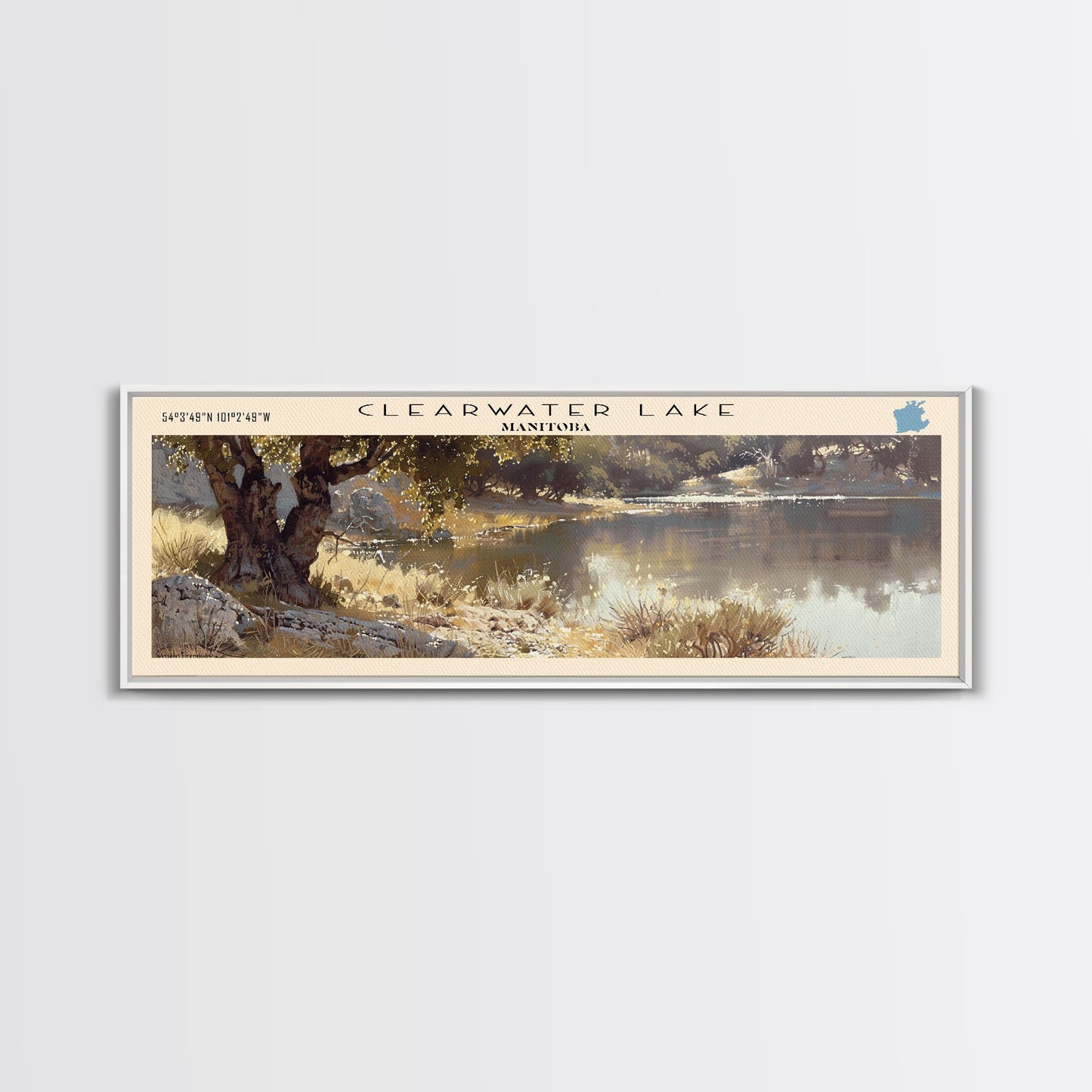 Clearwater Lake Framed Canvas Print, Lake House Art, Panoramic Travel Poster, Wide Wall Art, Modern Lake Painting, Home Decor