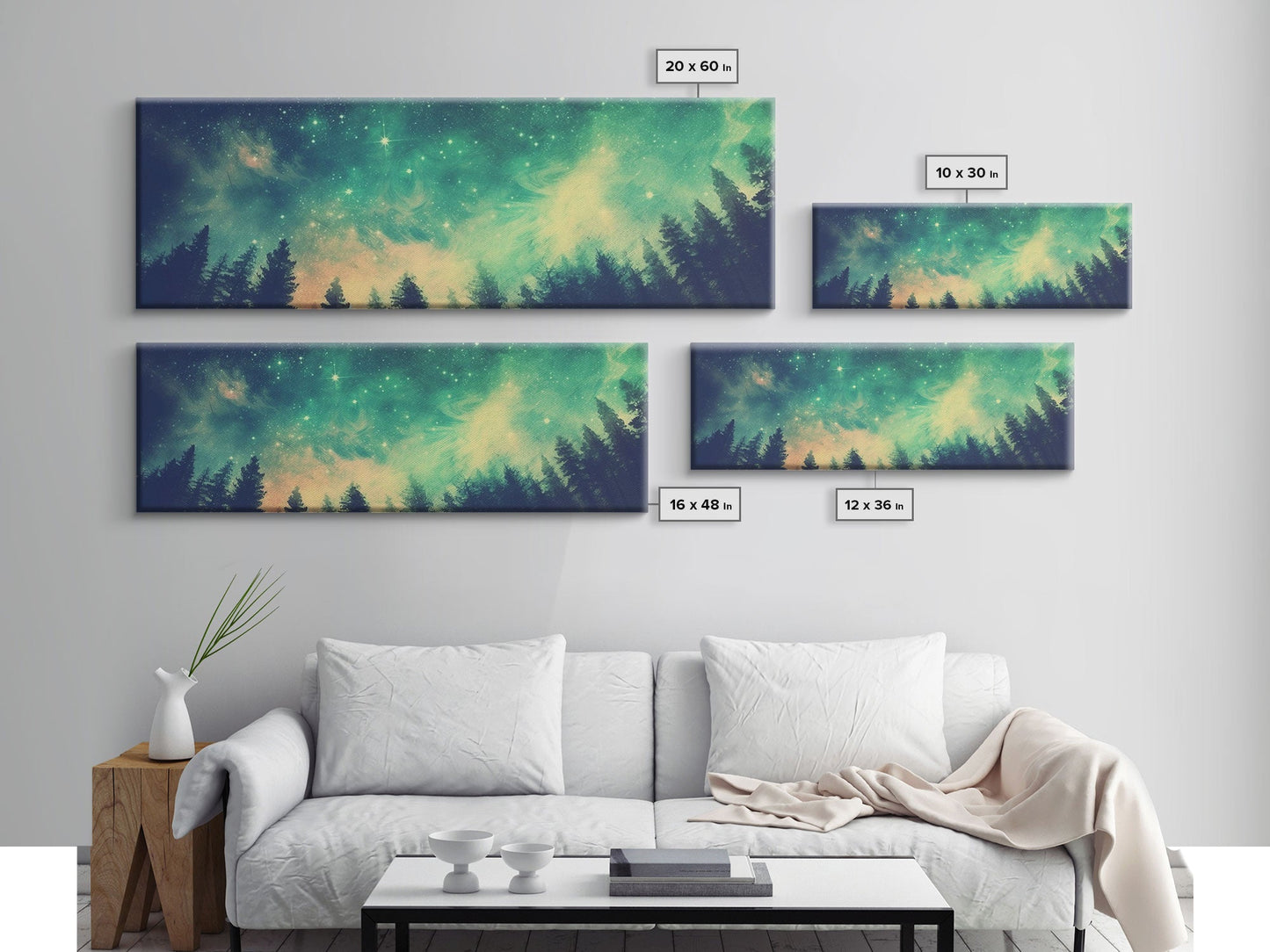 Green Night Sky Watercolor Art Print, Forest Canvas Art, Dark Forest Art, Starry Night Sky, Galaxy Art, Panoramic, Wall Art, Canvas Print
