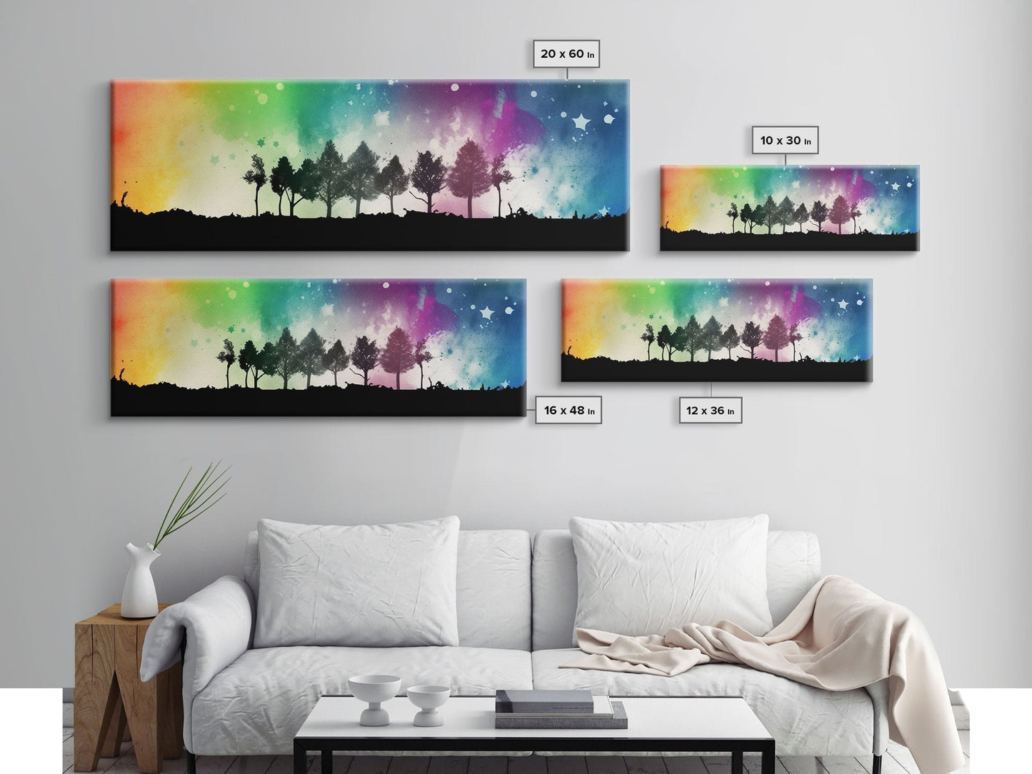 Large Abstract Art Print, Colorful Watercolor Sky, Silhouette Trees, Tie Die Sky, Framed Canvas Print, Panoramic, Wall Art, Canvas Print