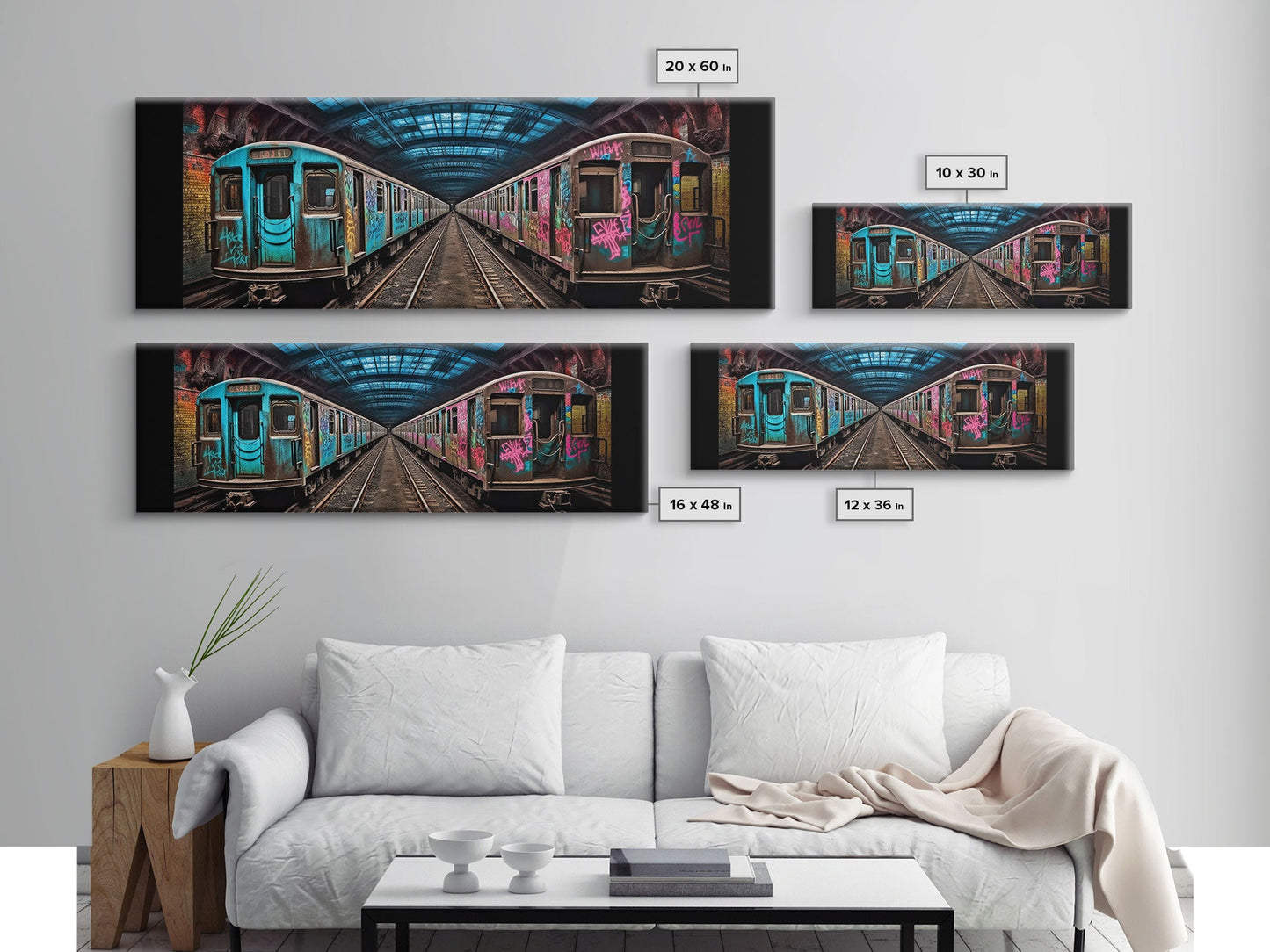 Urban Art Print, Graffiti On Abandoned Subway Train, Teal And Pink, Wall Decor, Large Framed Canvas Print, Panoramic, Wall Art, Canvas Print