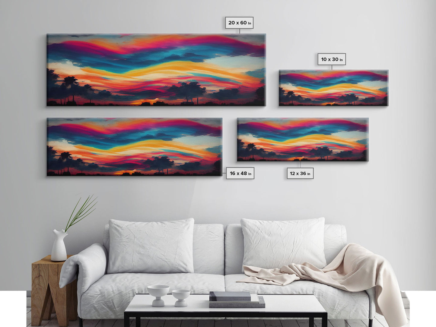 Beautiful Panoramic Sunset Watercolor, Extra Large Wall Art, Framed Panoramic Canvas Print, Framed Wall Art
