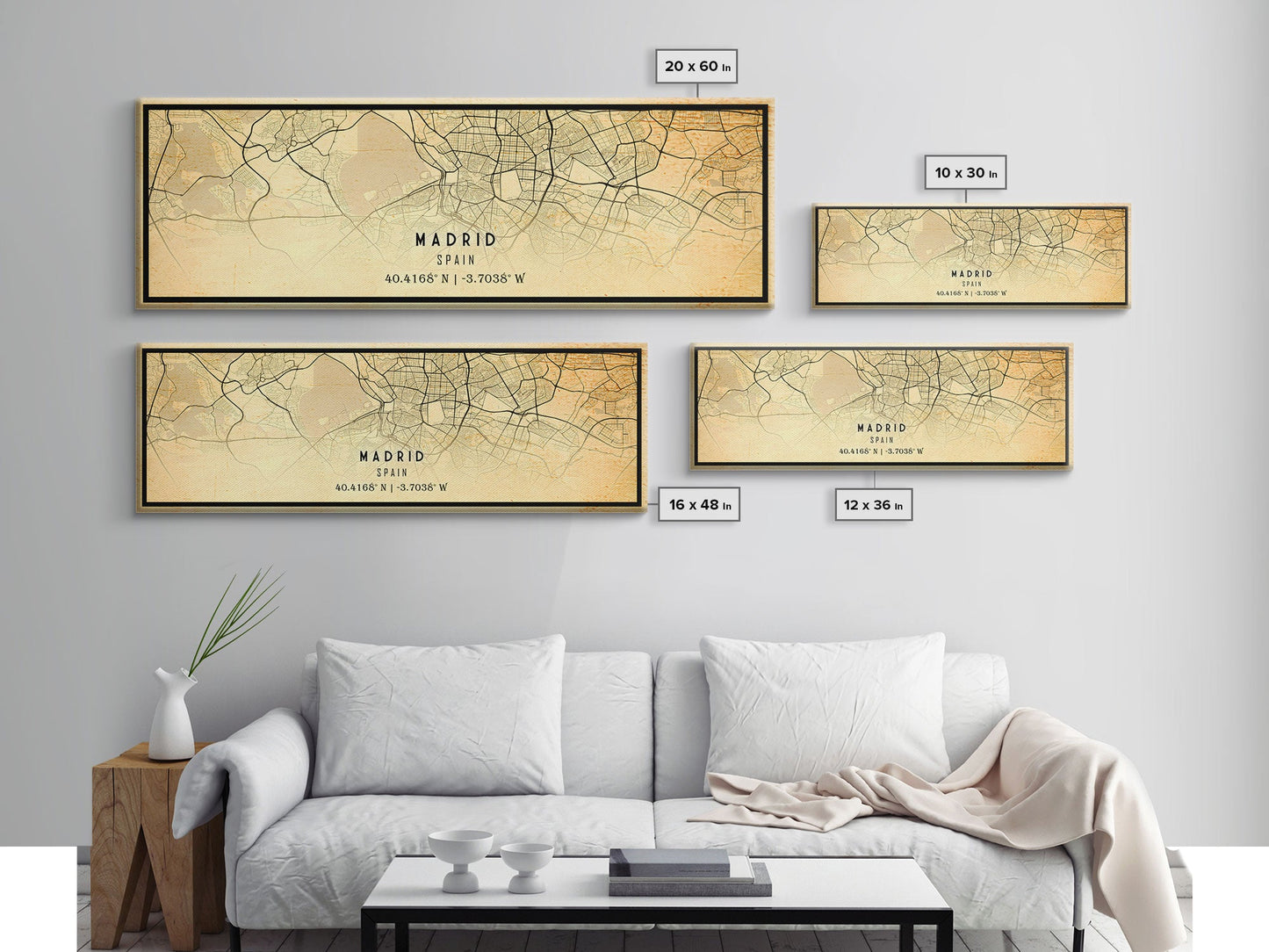 Panoramic Madrid Spain map print poster or framed canvas, Madrid map print poster canvas, city map print poster canvas, Vintage Travel Art