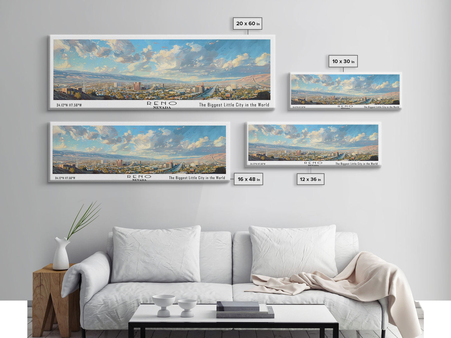 Reno Nevada Panoramic Print, Trendy Framed Canvas Print, City Travel Poster, Home Wall Art, Living Room Decoration, Unique Gift