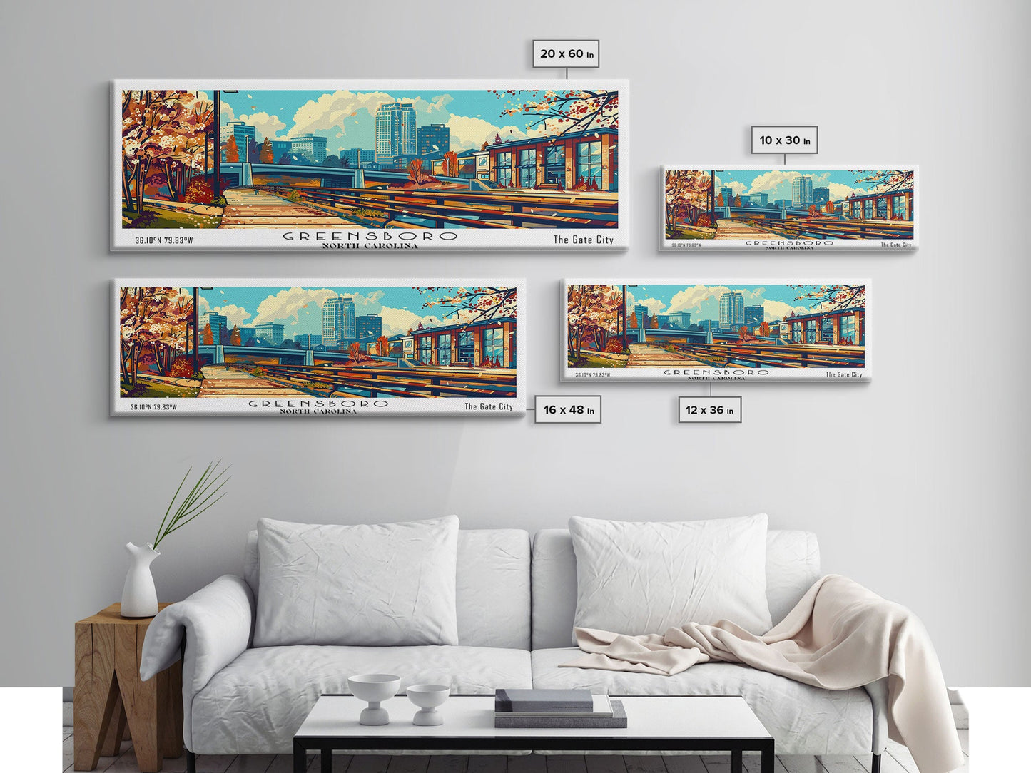 Greensboro North Carolina Panoramic Travel Poster Framed Canvas Print, Mid Century Modern Art, Pop Art Style, Wall Art Decor, Home Decoration
