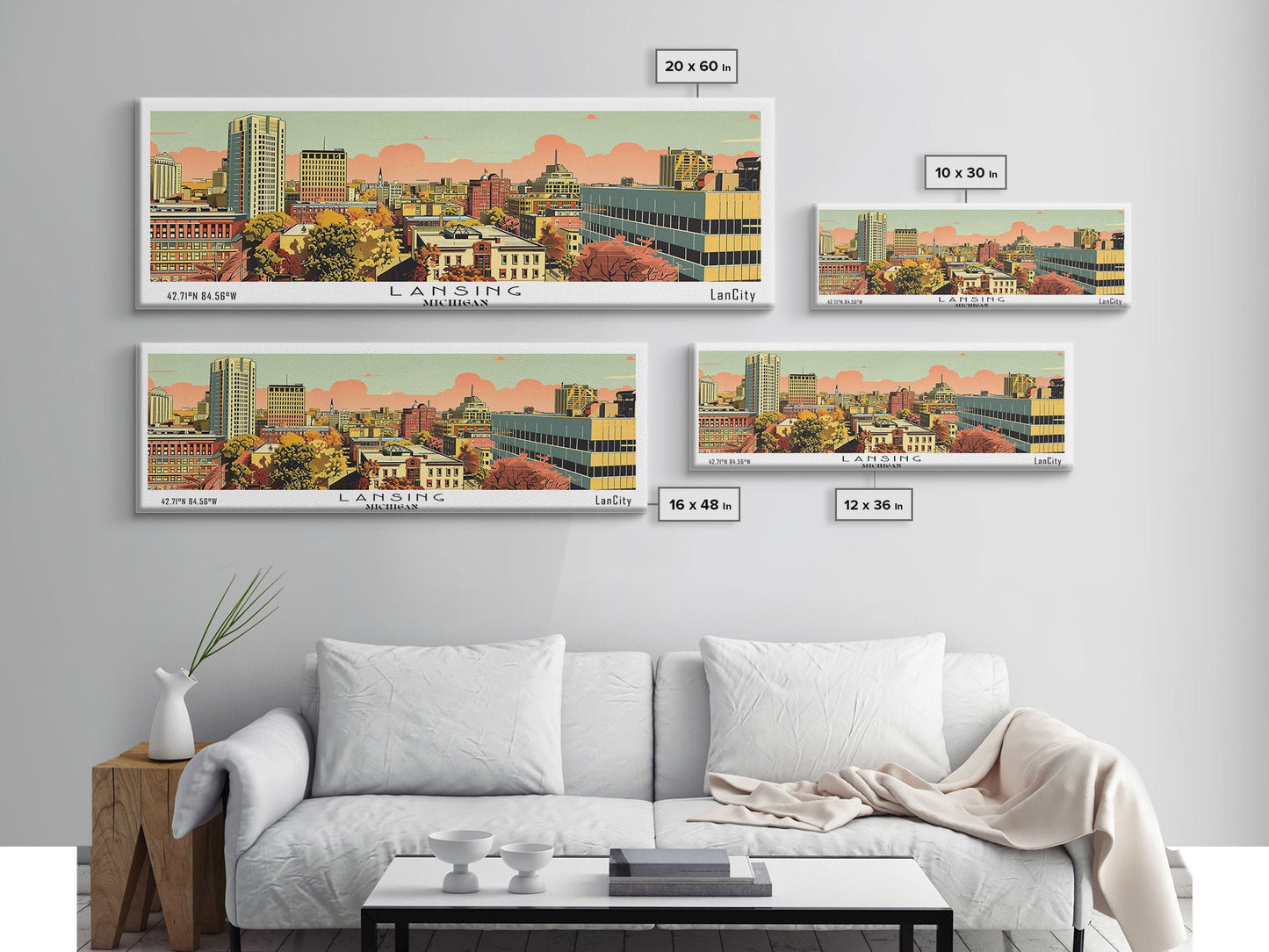 Lansing Michigan Panoramic Wall Art, Mid Century Modern Framed Canvas Print, Retro Pop Art Travel Poster, Living Room Decor