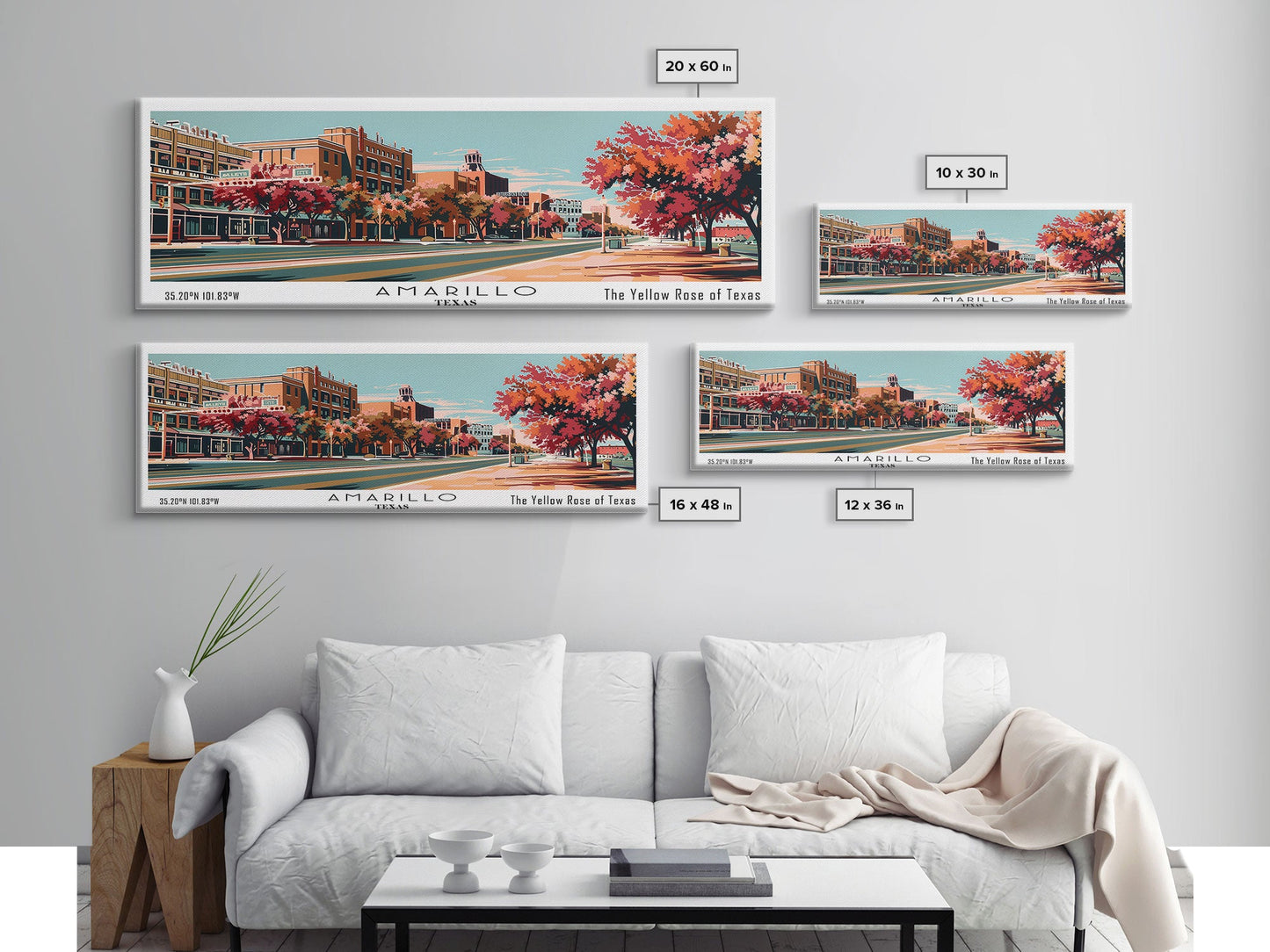 Amarillo Texas Panoramic Painting, Framed Canvas Print, Mid Century Modern Wall Art, Retro Pop Art Travel Poster, Home Decor, City Art