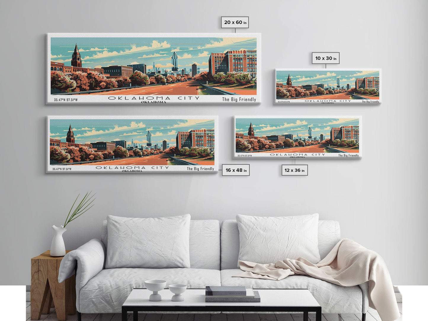 Oklahoma City Oklahoma Panoramic Wall Art, Mid Century Modern Framed Canvas Print, Retro Pop Art Travel Poster, Office Decor, Gift Idea