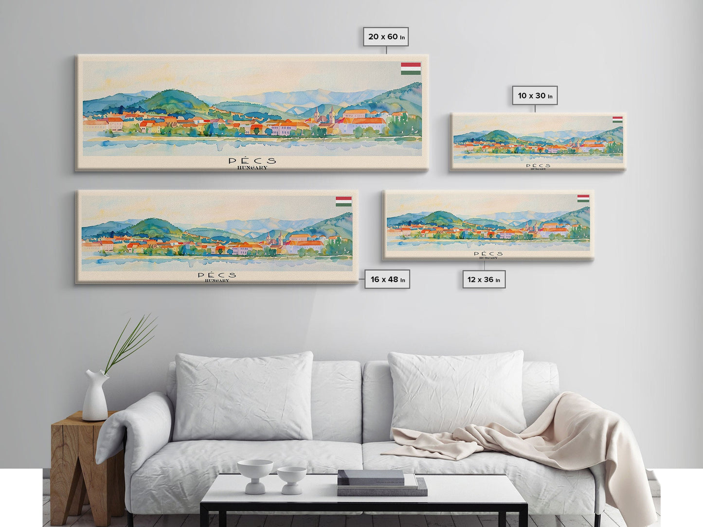 Pécs Hungary Panoramic Travel Poster, Framed Canvas Print or Metal Wall Art, Travel Art, Home Decor, Panoramic Painting, Midcentury Art