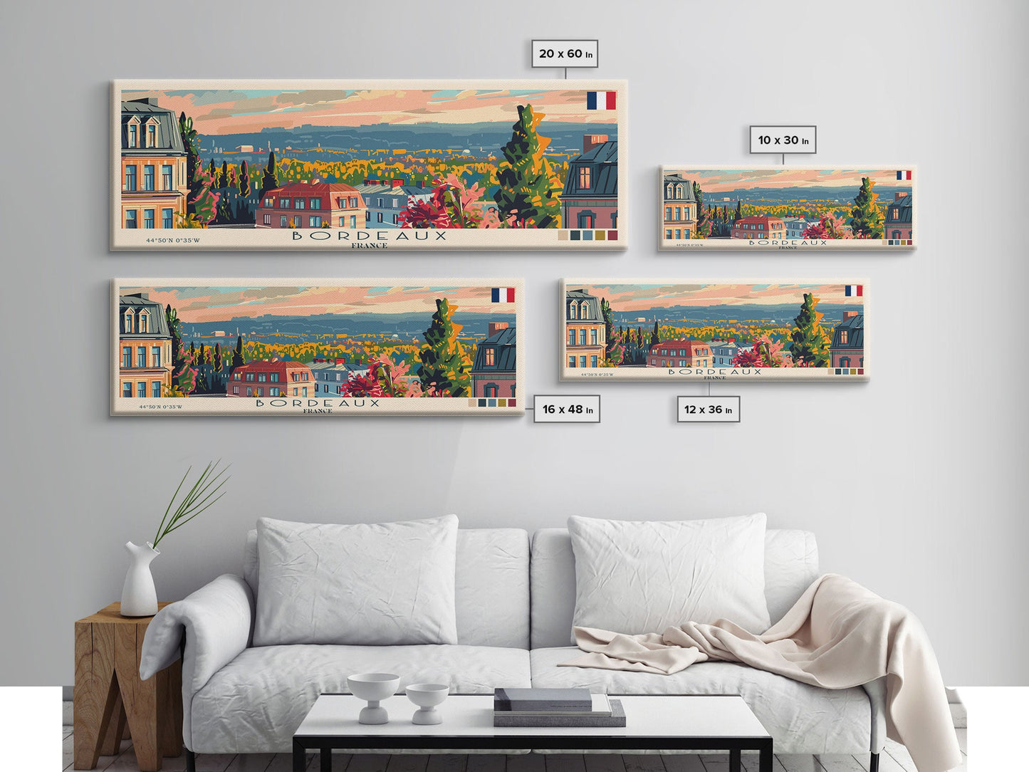 Bordeaux France Panoramic Travel Poster, Framed Canvas Print or Metal Wall Art, Travel Art, Home Decor, Panoramic Painting, Midcentury Art
