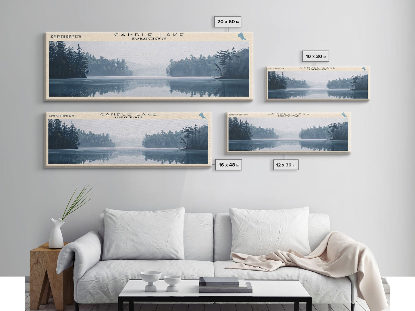 Candle Lake Framed Canvas Print, Panoramic Lake House Decor, Wall Art, Travel Poster, Rustic Lake Painting, Home Decor