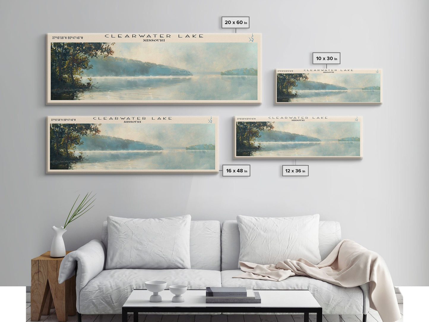 Clearwater Lake Framed Canvas Print, Lake House Art, Panoramic Travel Poster, Wide Wall Art, Modern Lake Painting, Home Decor