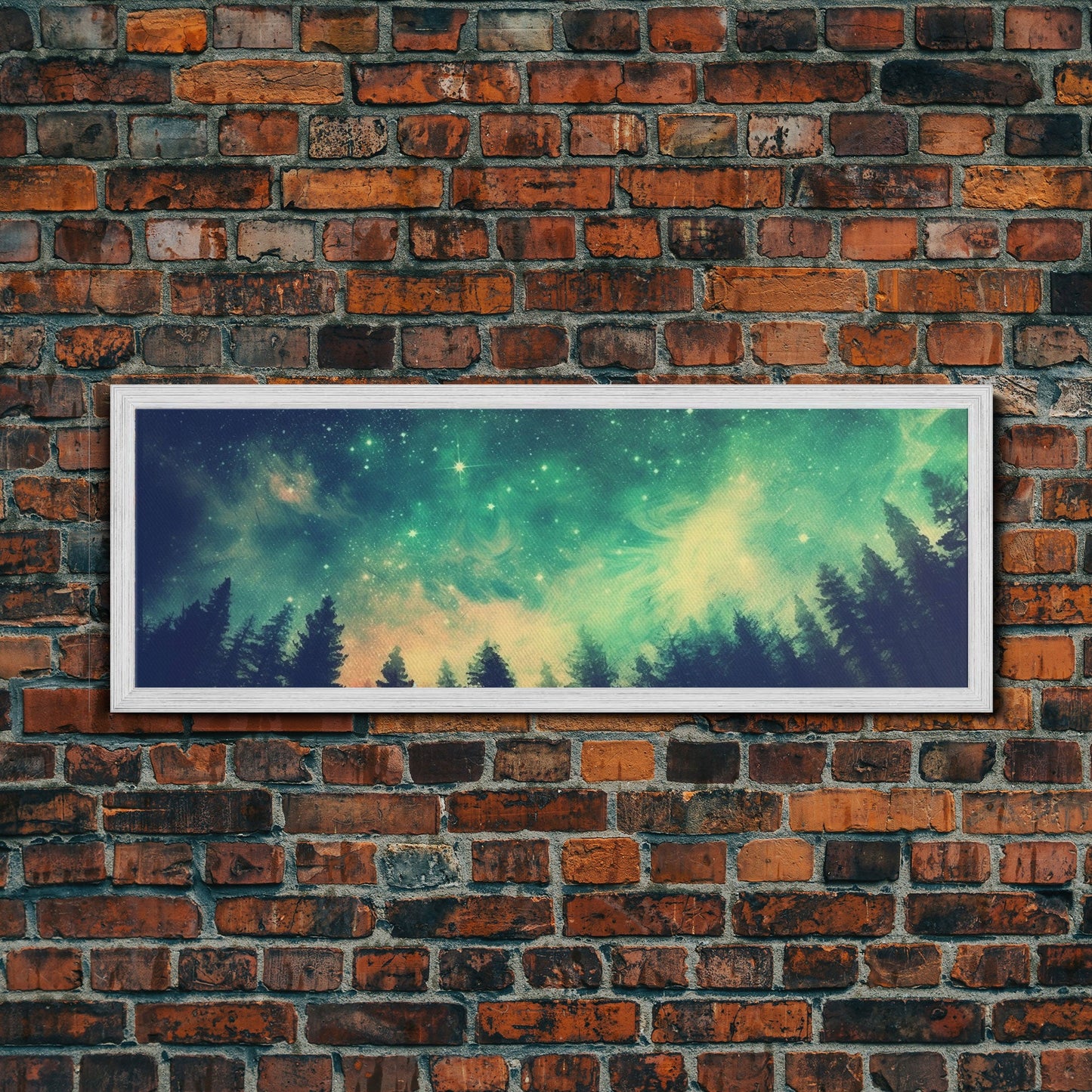 Green Night Sky Watercolor Art Print, Forest Canvas Art, Dark Forest Art, Starry Night Sky, Galaxy Art, Panoramic, Wall Art, Canvas Print