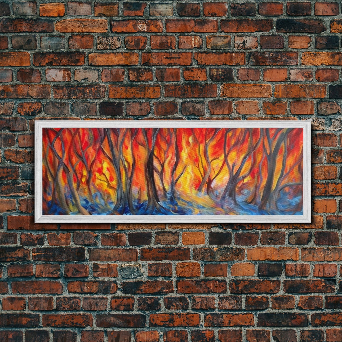 Flames In The Woods Canvas Art Print, Forest Fire, Red Flame, Wall Decor, Framed Large Canvas Print, Panoramic, Wall Art, Canvas Print