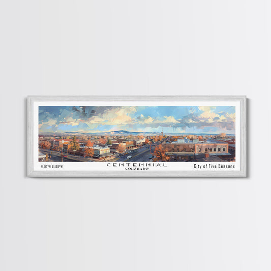 Centennial Colorado Panoramic Watercolor Painting Framed Canvas Print, Travel Poster Art, Home Decor, Mountain Cityscape, Bedroom Wall Art, Office Decoration, Unique Travel Gift