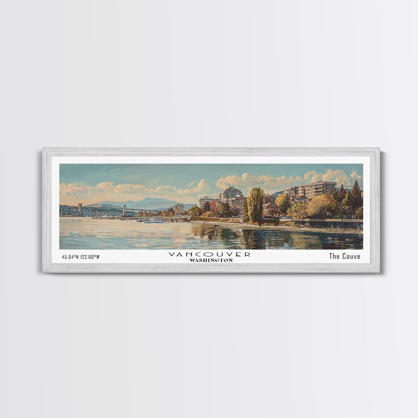 Vancouver Washington Panoramic Framed Canvas Print, Retro Style Wall Art, Unique Travel Poster, Artistic Living Room Decor, Office Gift Idea