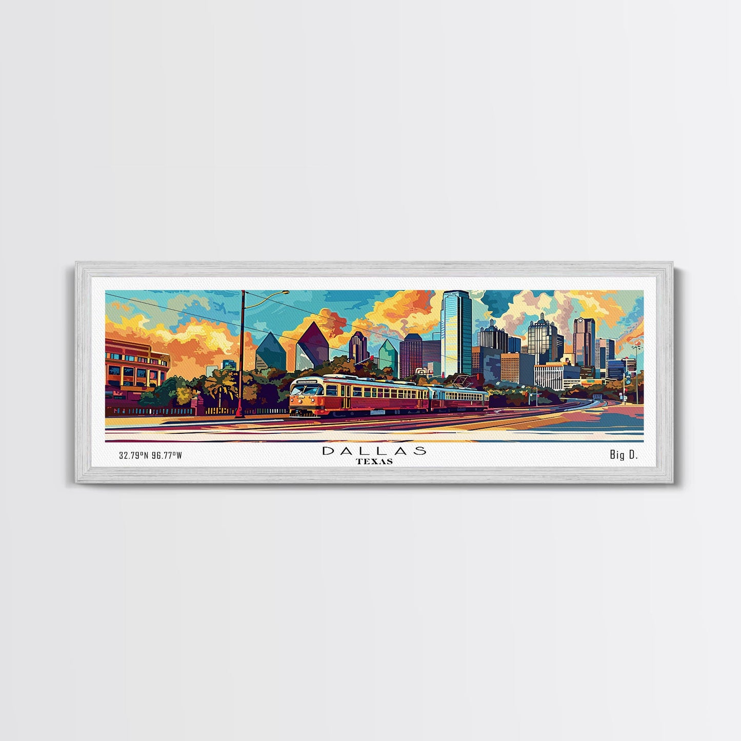 Dallas Texas Panoramic Wall Art Framed Canvas Print, Mid Century Modern Art, Pop Art Style, Travel Poster, Home Decor, Wall Hanging