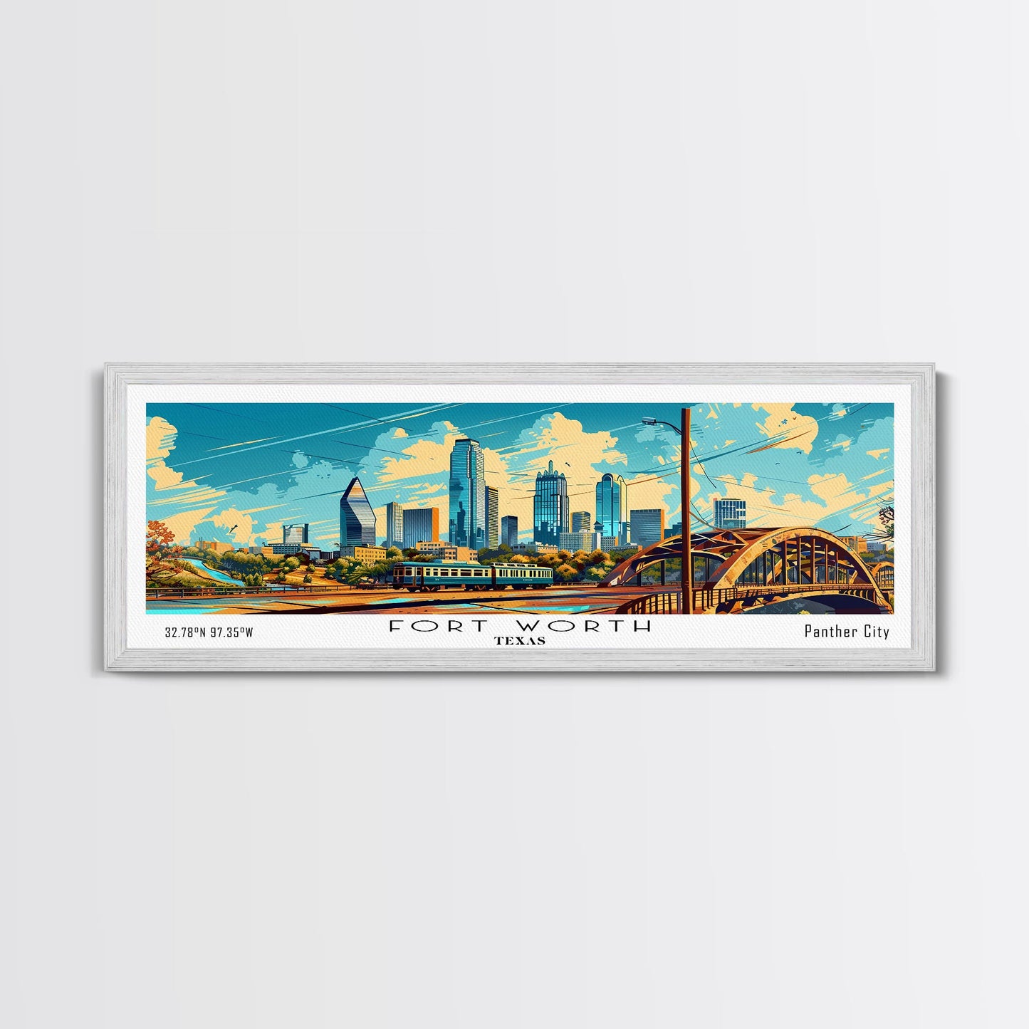 Forth Worth Texas Panoramic Painting Framed Canvas Print, Mid Century Modern Art, Pop Art Style, Travel Poster, Living Room Decor