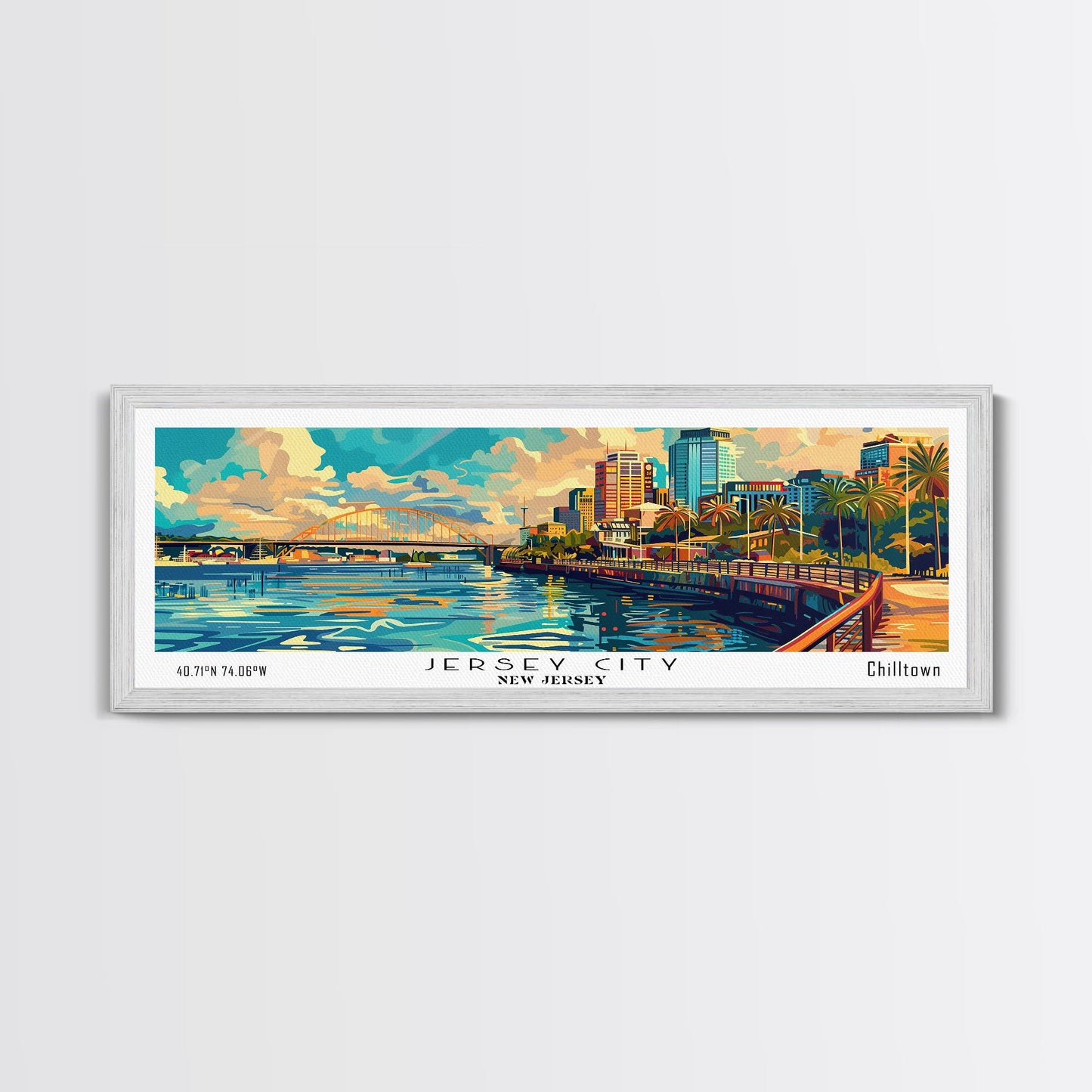 Jersey City New Jersey Panoramic Framed Canvas Print, Retro Style Wall Art, Mid Century Modern Home Decor, Pop Art Travel Poster