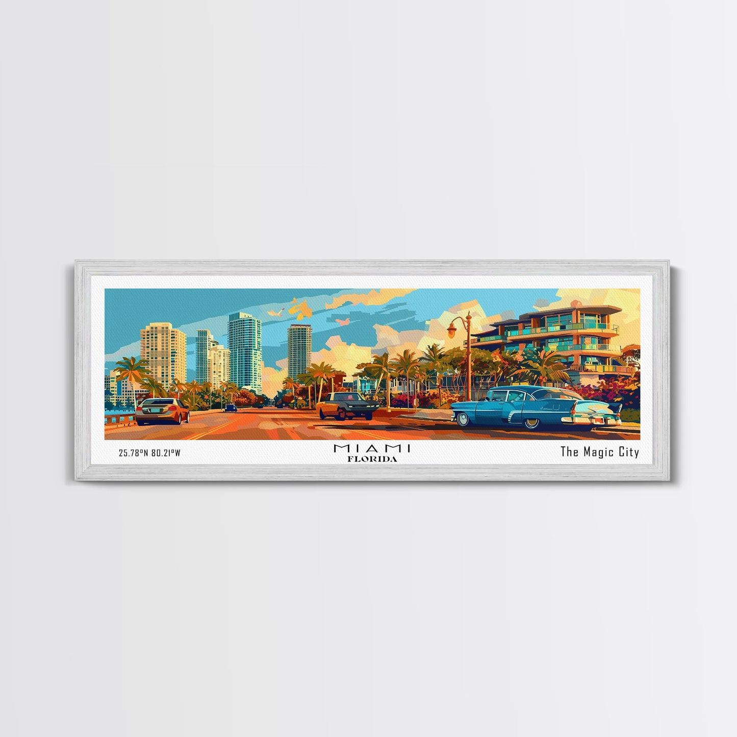 Miami Florida Panoramic Framed Canvas Print, Mid Century Modern Wall Art, Pop Art Home Decor, Retro Style Travel Poster