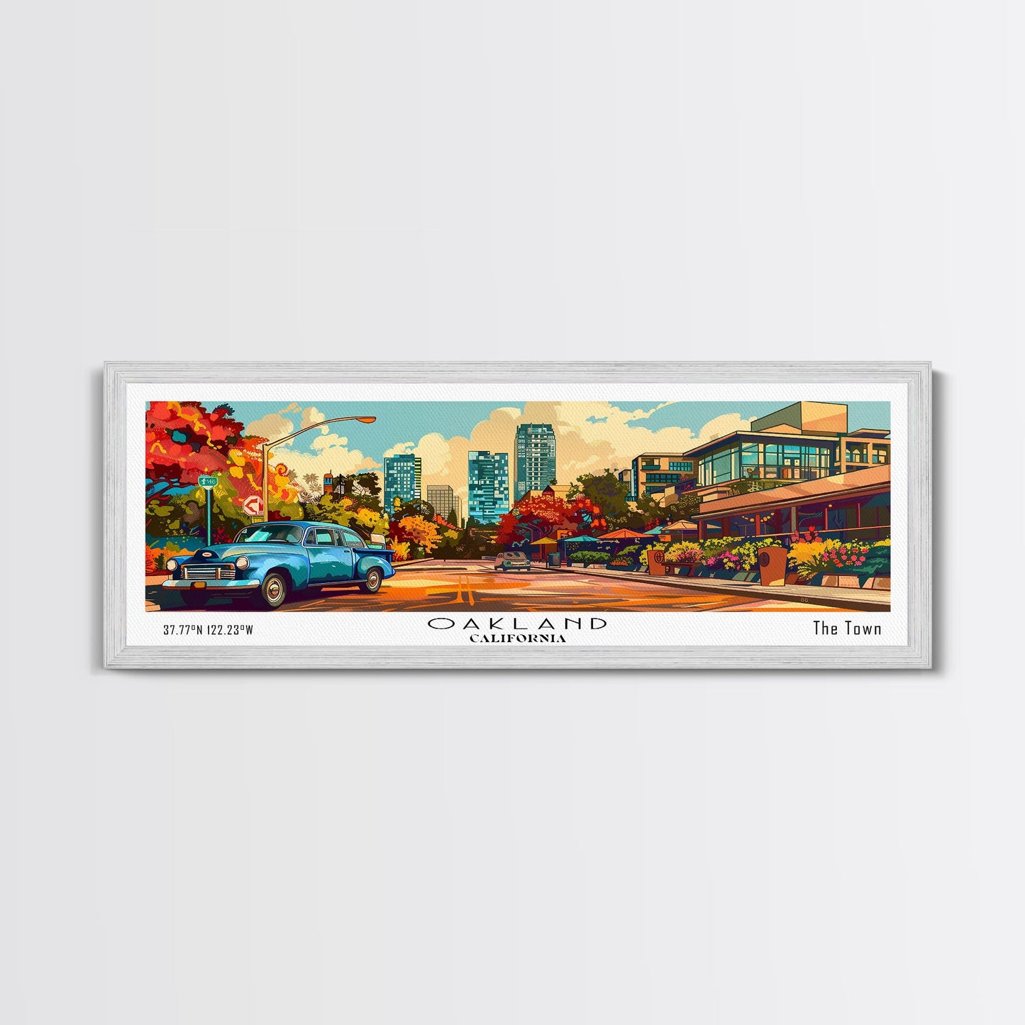 Oakland California Panoramic Wall Art, Pop Art Framed Canvas Print, Mid Century Modern Home Decor, Retro Style Travel Poster