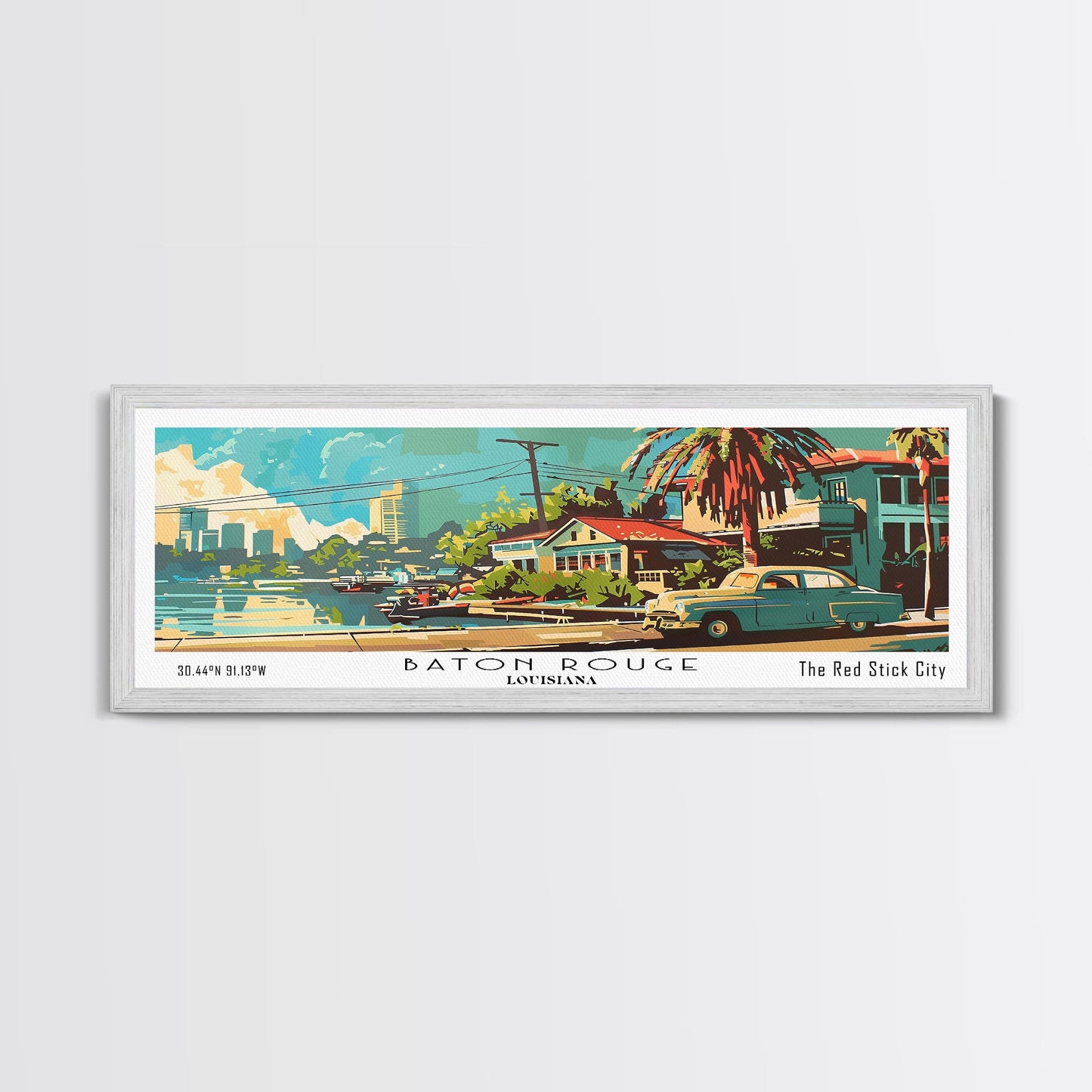 Baton Rouge Louisiana Panoramic Wall Art, Retro Pop Art Framed Canvas Print, Mid Century Modern Travel Poster, Living Room Decor, Office Art