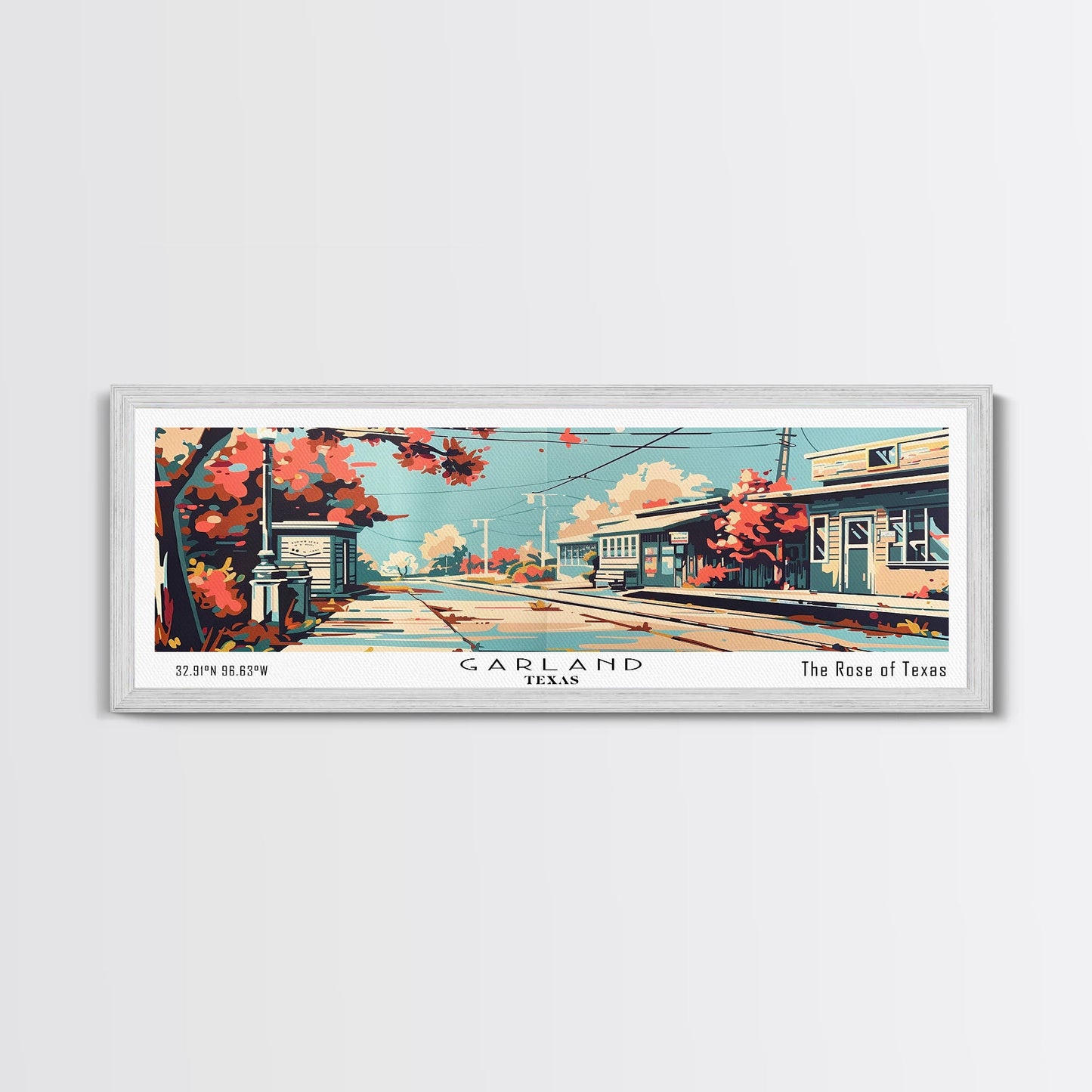 Garland Texas Panoramic Painting, Mid Century Modern Framed Canvas Print, Retro Pop Art Travel Poster, Wall Art, Home Decor, Office Art
