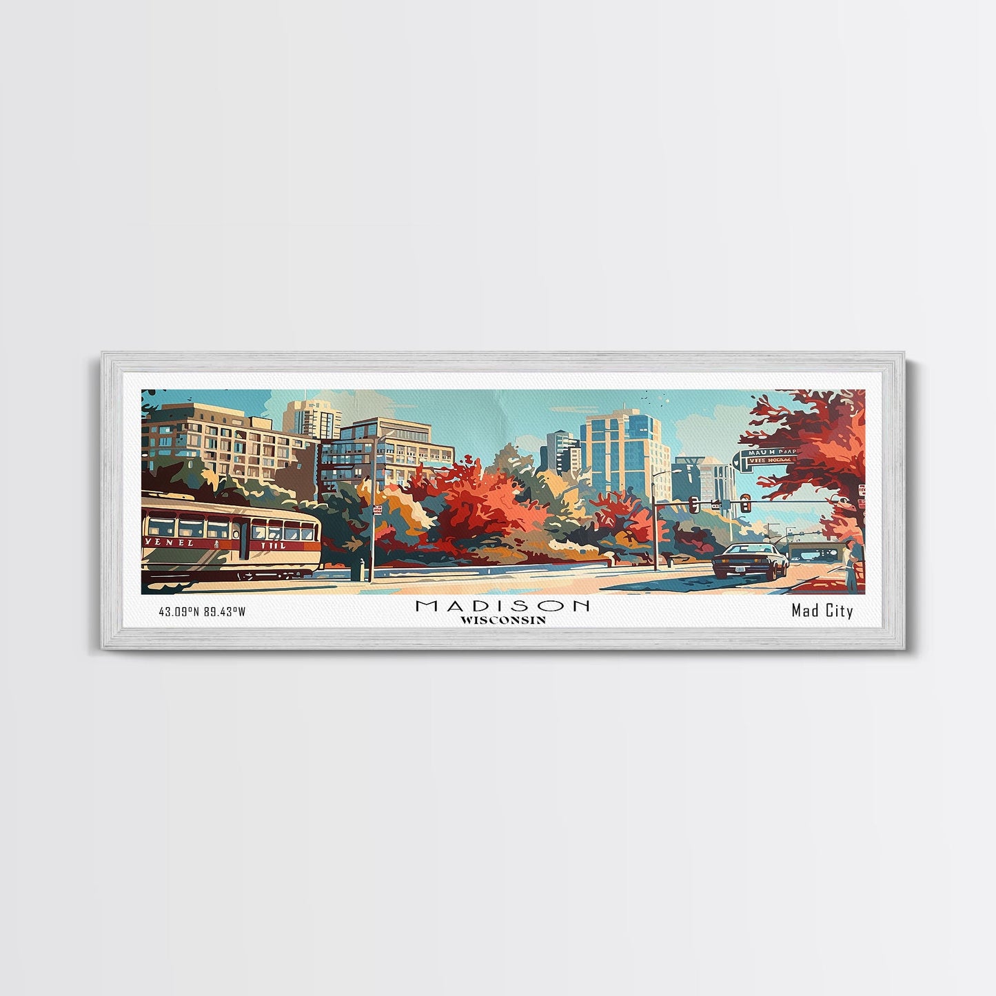 Madison Wisconsin Panoramic Painting, Mid Century Modern Framed Canvas Print, Retro Pop Art Travel Poster, Wall Art, Home Decor, Office Wall Art, Living Room Decor