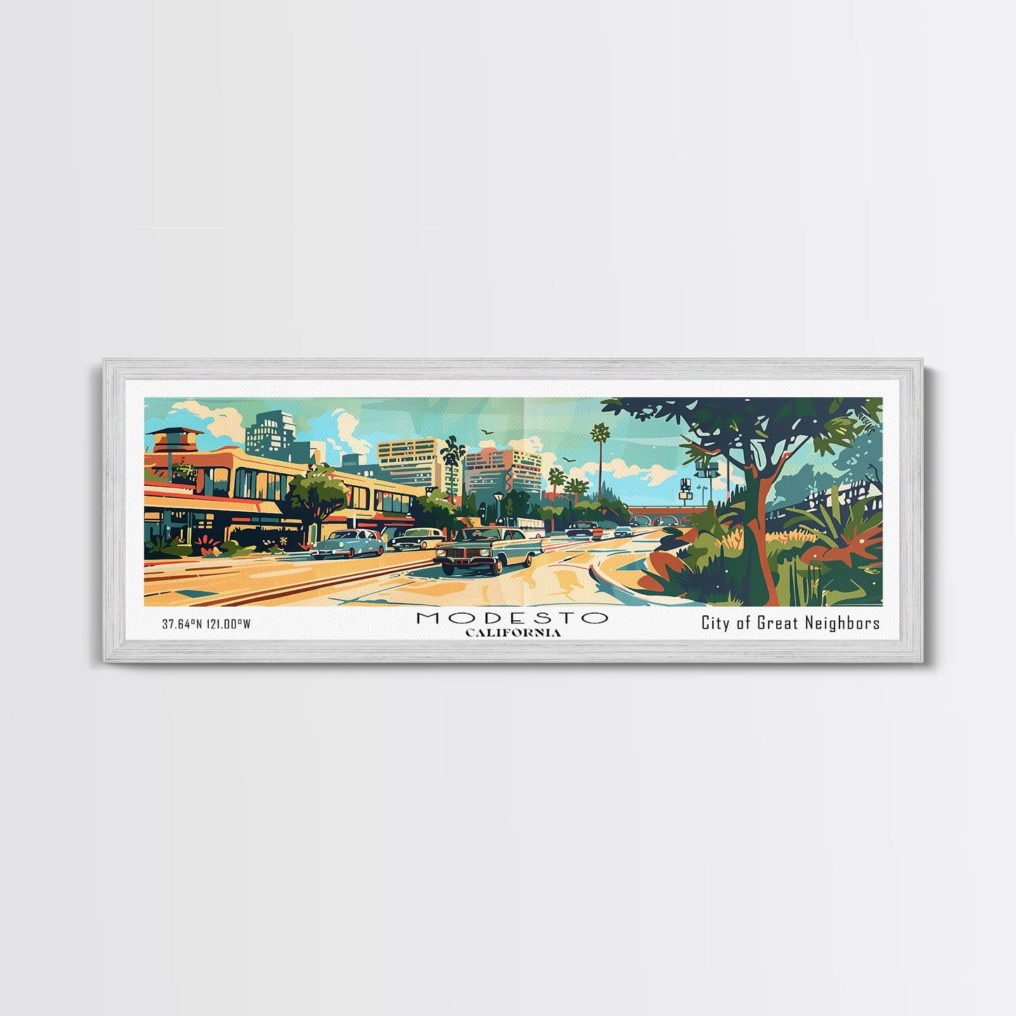 Modesto California Panoramic Wall Art, Mid Century Modern Framed Canvas Print, Retro Pop Art Travel Poster, Home Decor, Office Art, Living Room Wall Hanging, Gift Idea