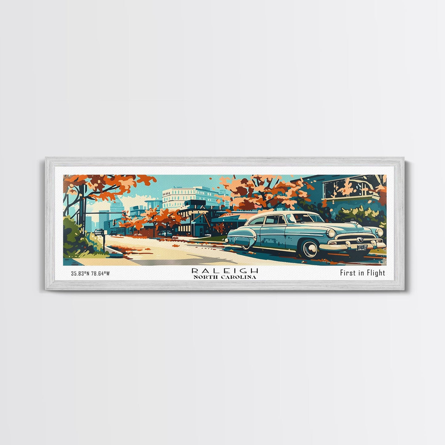 Raleigh North Carolina Panoramic Painting, Mid Century Modern Framed Canvas Print, Retro Pop Art Travel Poster, Living Room and Office Wall Art