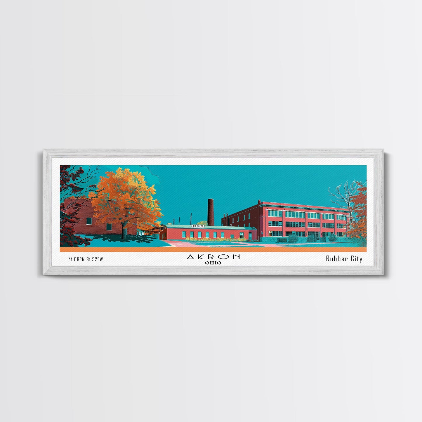 Akron Ohio Panoramic Painting, Mid Century Modern Framed Canvas Print, Retro Pop Art Travel Poster, Living Room Wall Art Decor, City Art