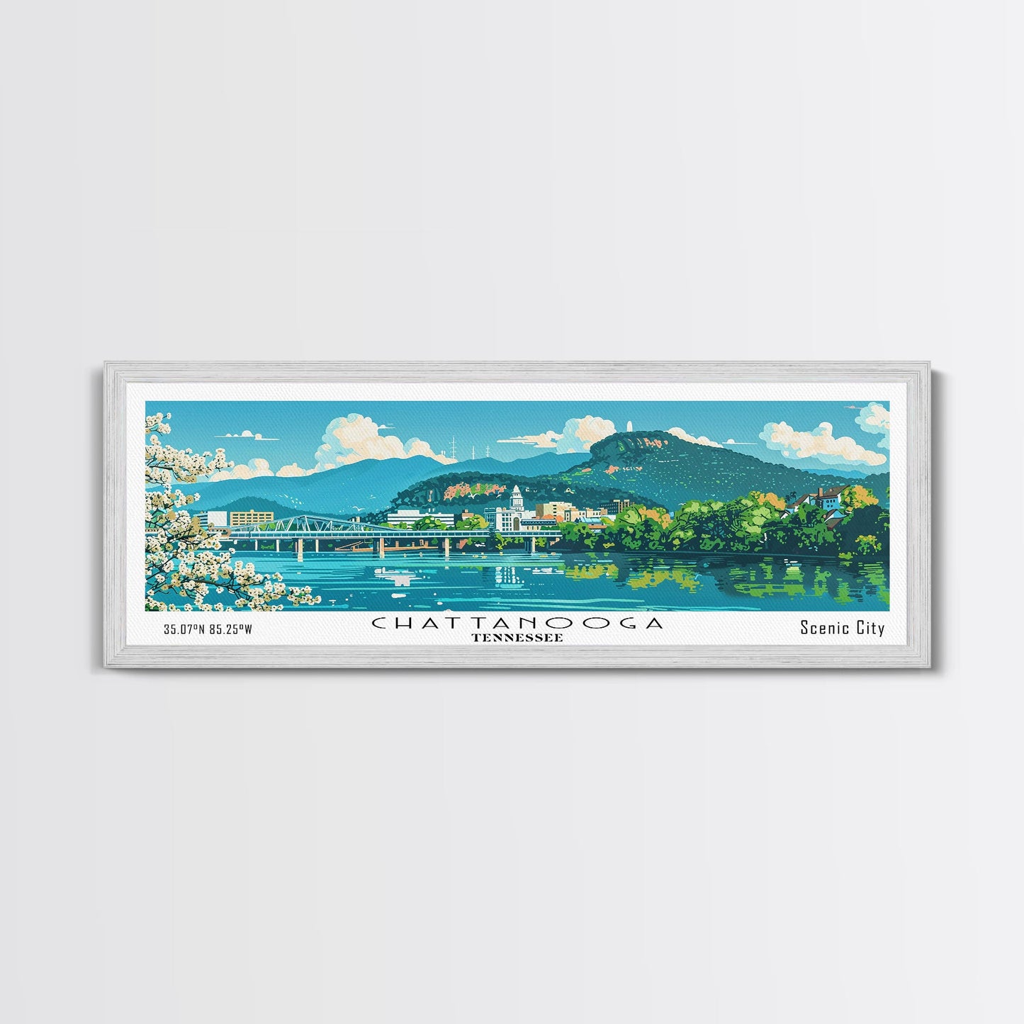 Chattanooga Tennessee Panoramic Painting, Mid Century Modern Framed Canvas Print, Retro Pop Art Travel Poster, Home Decor, City Print
