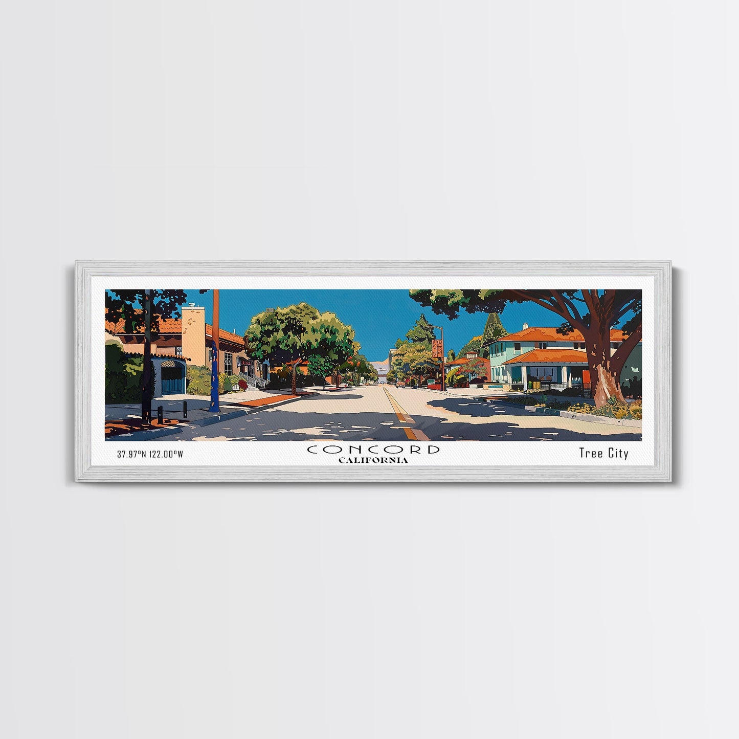 Concord California Panoramic Painting, Mid Century Modern Framed Canvas Print, Retro Pop Art Travel Poster, City Wall Decor, Office Decor