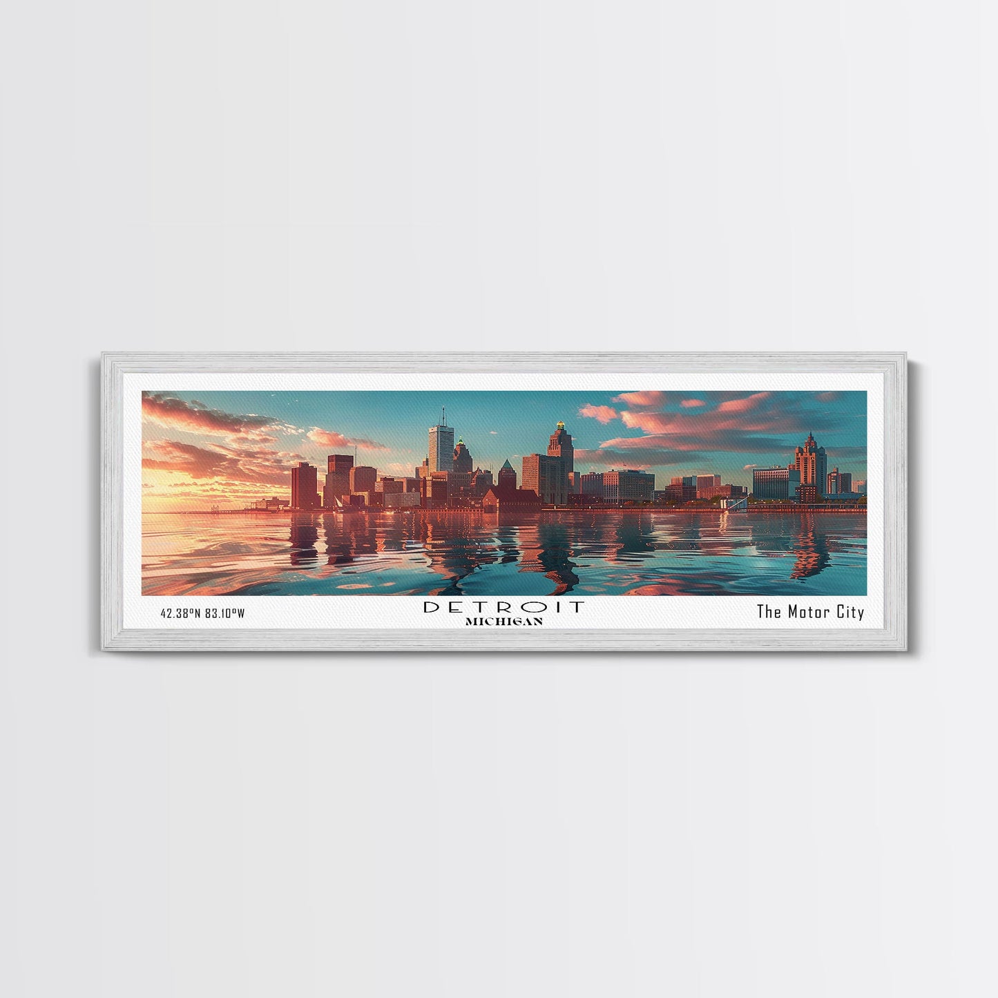 Detroit Michigan Panoramic Painting, Mid Century Modern Framed Canvas Print, Retro Pop Art Travel Poster, City Wall Decor, Home Art