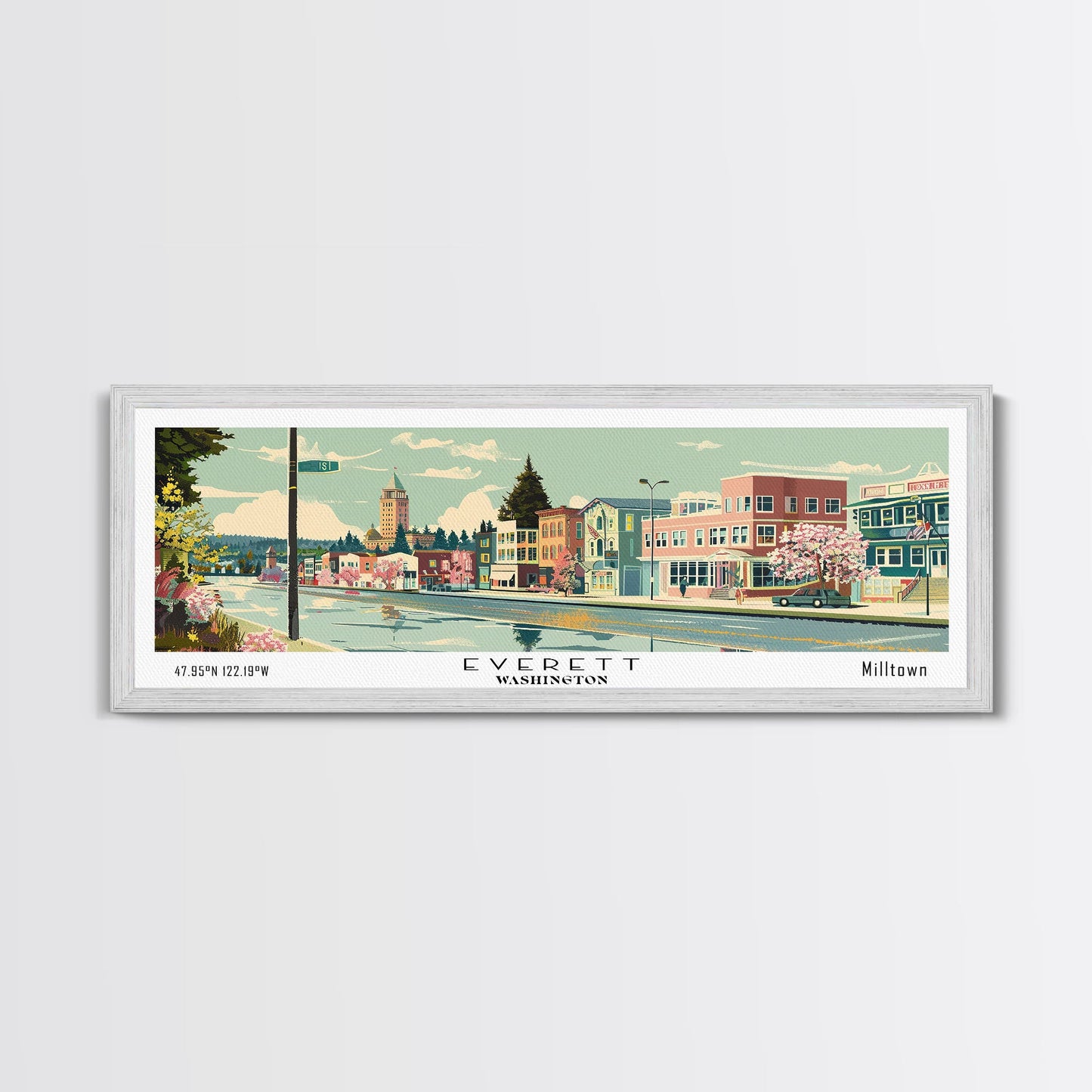 Everett Washington Panoramic Painting, Mid Century Modern Framed Canvas Print, Retro Pop Art Travel Poster, Home Wall Decor