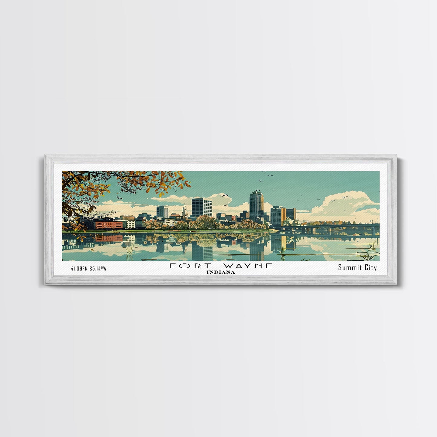 Fort Wayne Indiana Panoramic Art, Mid Century Modern Framed Canvas Print, Retro Pop Art Travel Poster, Home Wall Decor