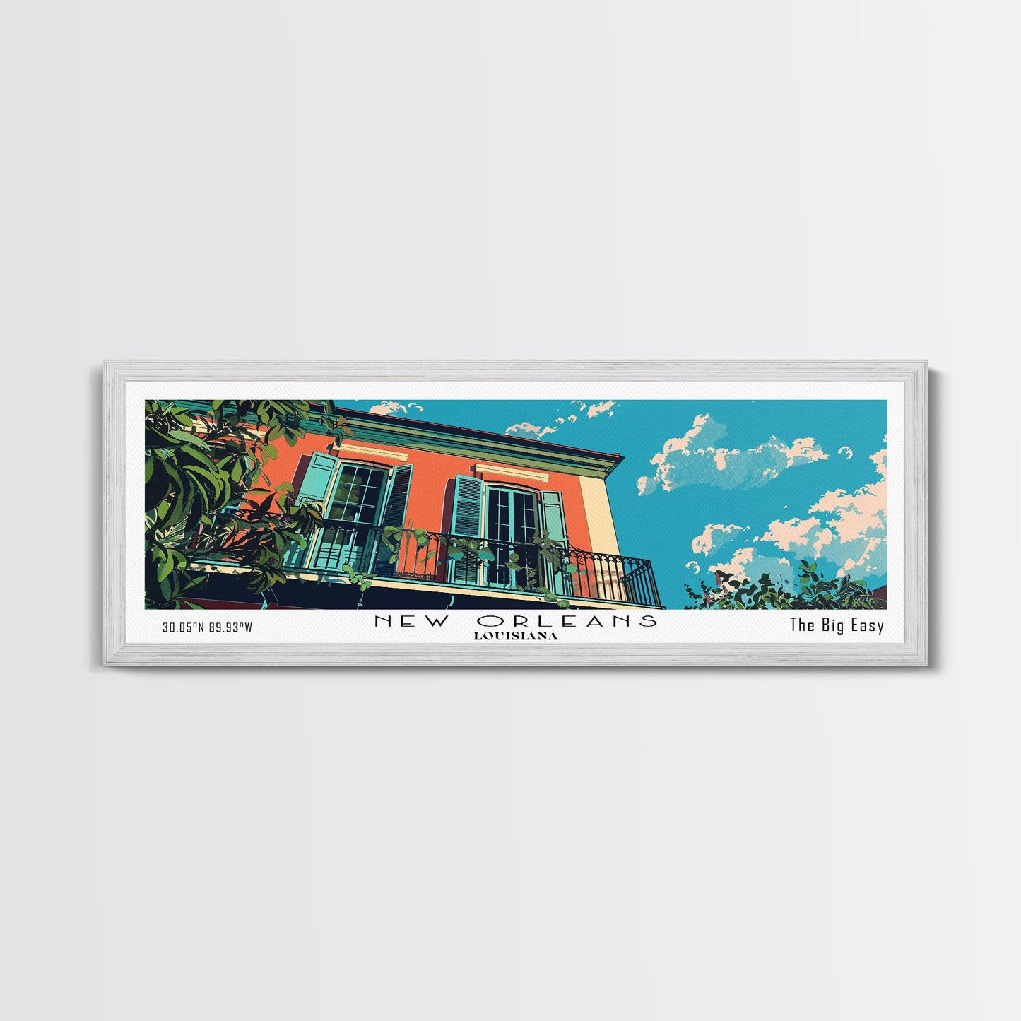 New Orleans Louisiana Panoramic Painting, Mid Century Modern Framed Canvas Print, Retro Pop Art Travel Poster, Office Decor