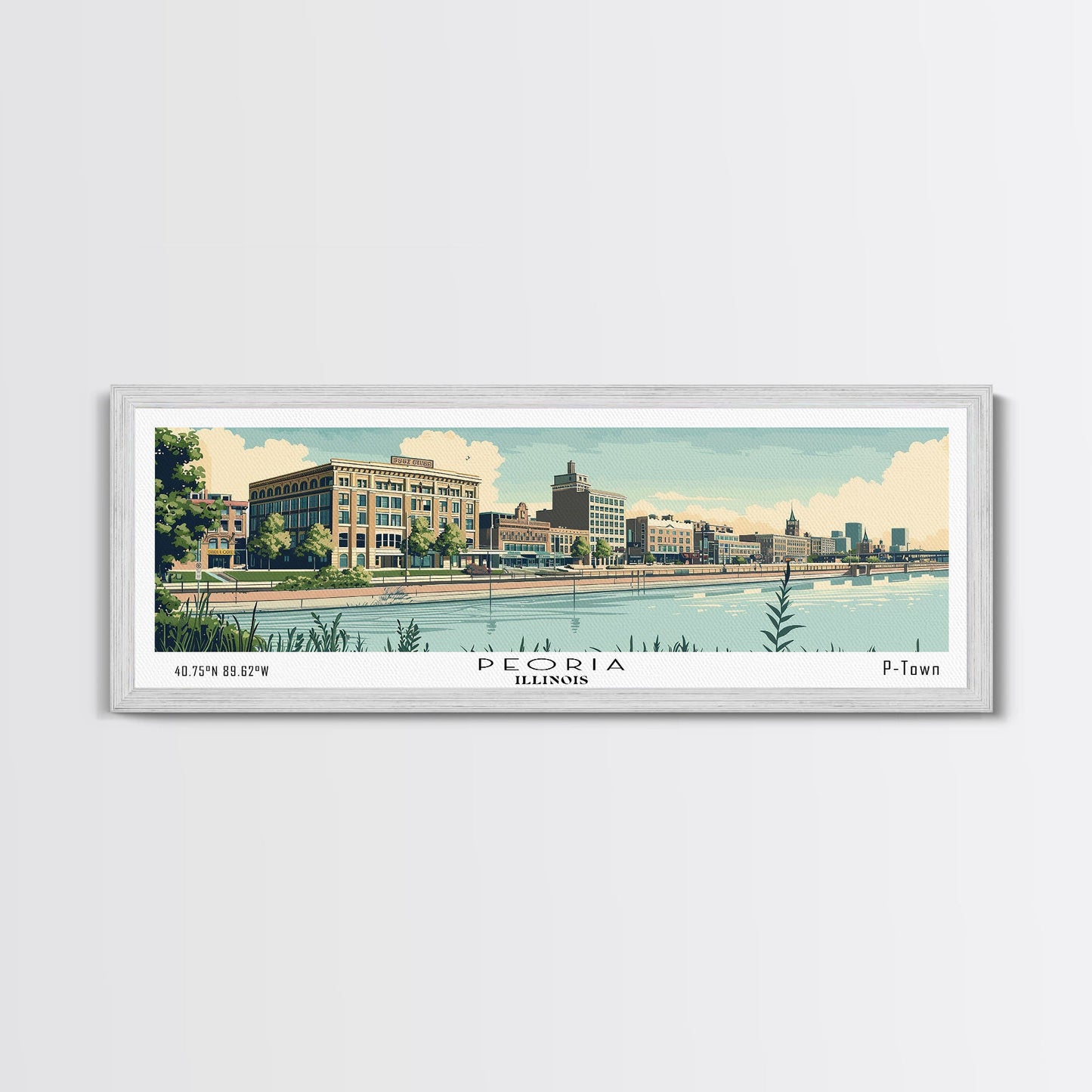 Peoria Illinois Panoramic Painting, Mid Century Modern Framed Canvas Print, Retro Pop Art Travel Poster, City Art, Office Wall Decor, Living Room Art