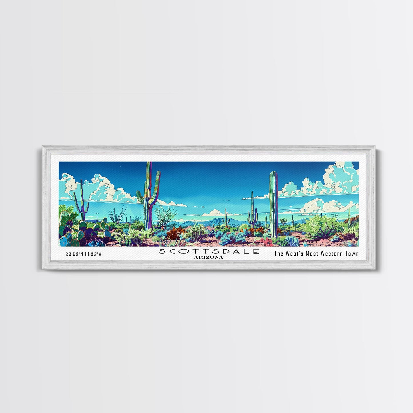 Scottsdale Arizona Panoramic Painting, Mid Century Modern Framed Canvas Print, Retro Pop Art Travel Poster, Wall Hanging for Home Decor