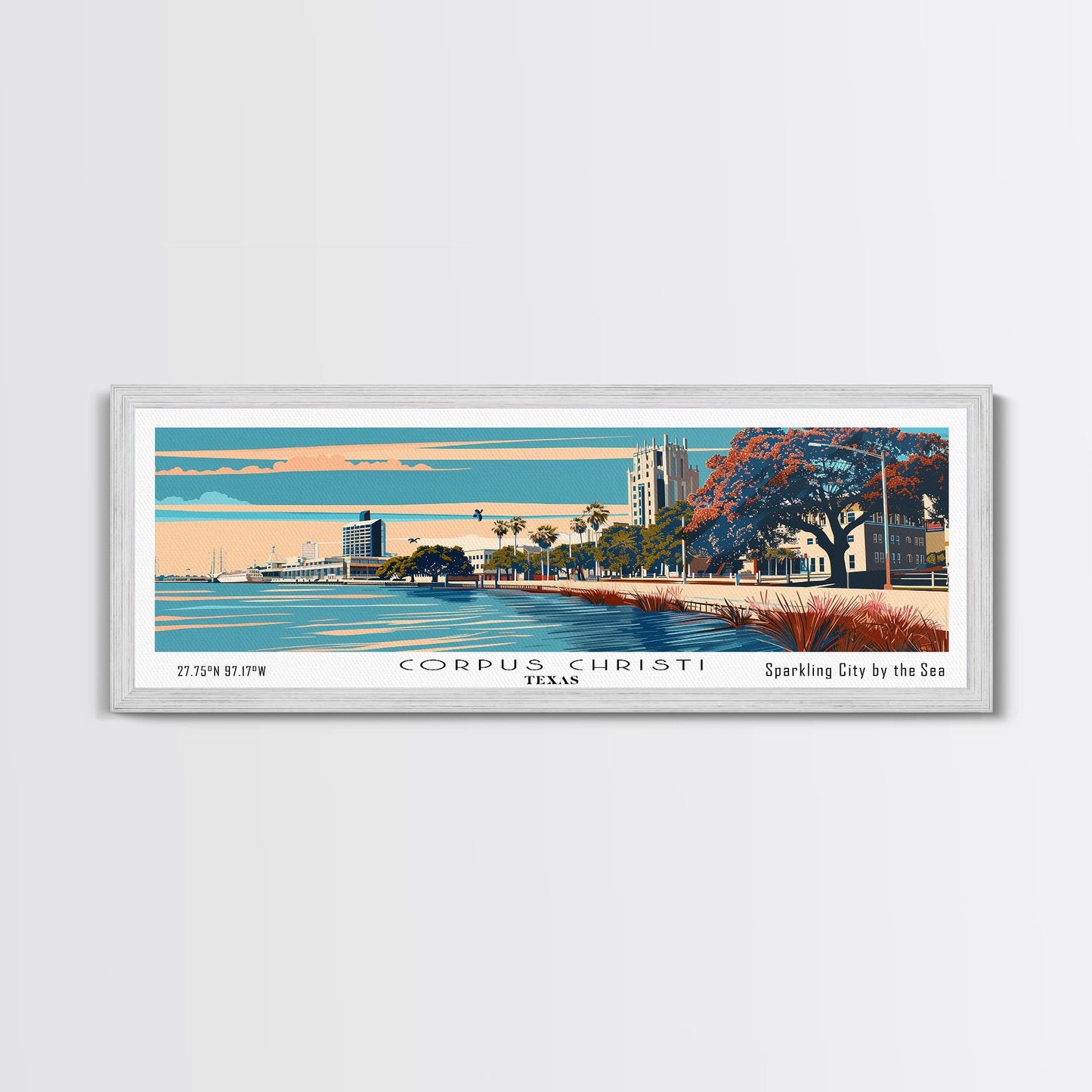Corpus Christi Texas Panoramic Painting, Framed Canvas Print, Mid Century Modern Wall Art, Retro Pop Art Travel Poster, Office Decor, City Art