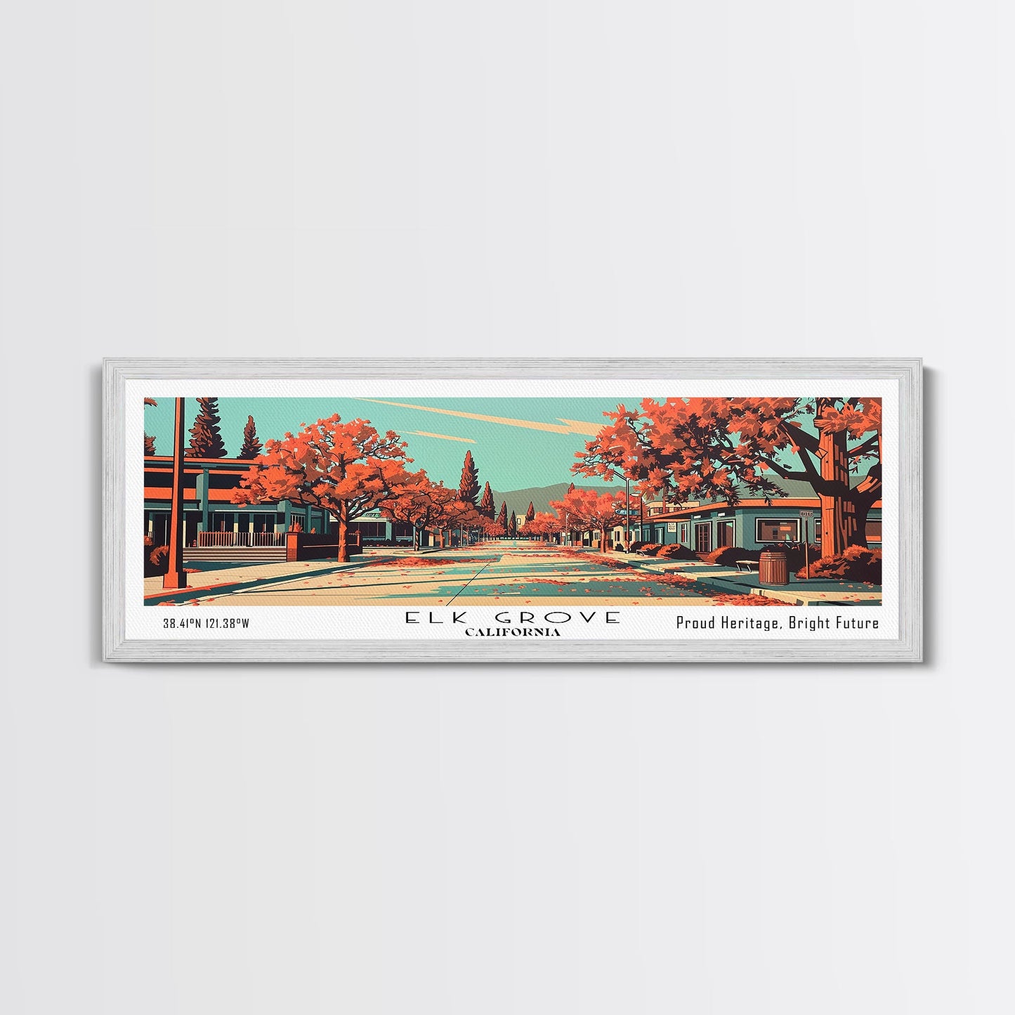 Elk Grove California Panoramic Painting, Framed Canvas Print, Mid Century Modern Wall Art, Retro Pop Art Travel Poster, Office Decor, City Art