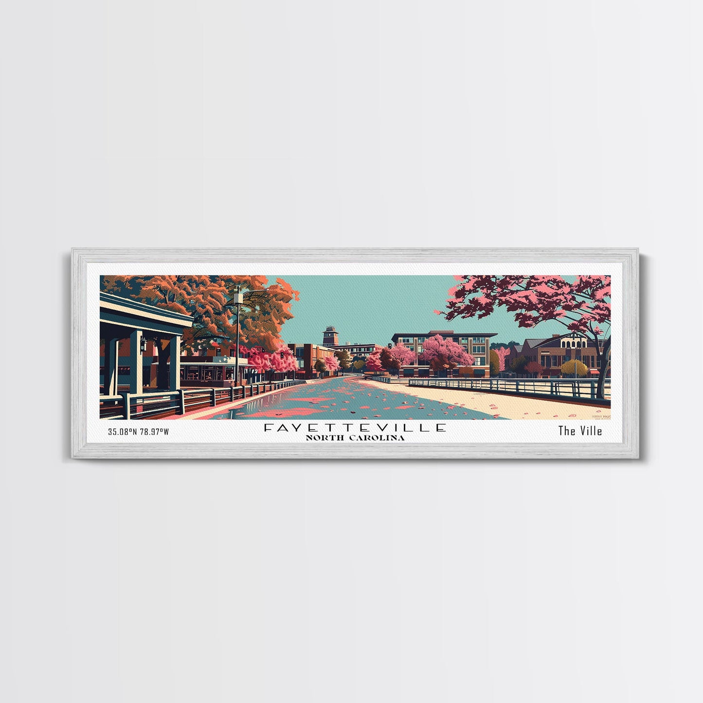 Fayetteville North Carolina Panoramic Painting, Framed Canvas Print, Mid Century Modern Wall Art, Retro Pop Art Travel Poster, Home Decor, City Art