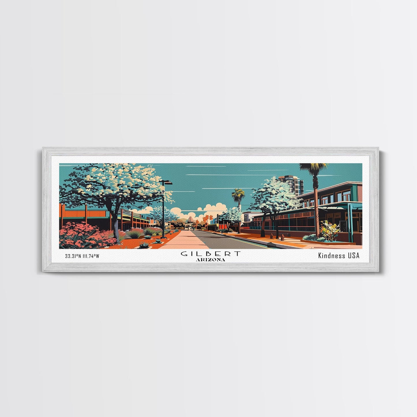 Gilbert Arizona Panoramic Painting, Framed Canvas Print, Mid Century Modern Wall Art, Retro Pop Art Travel Poster, Office Art, Cityscape Decor, Gift Idea