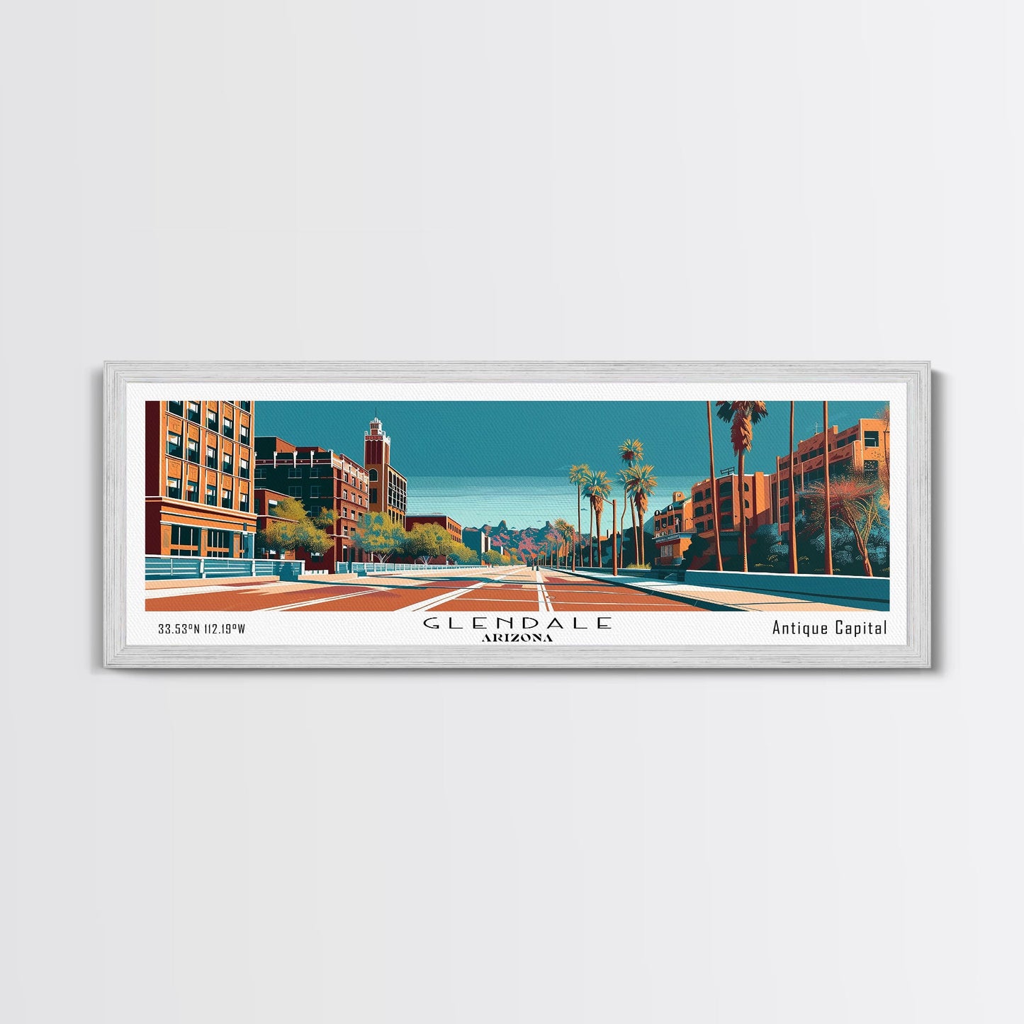 Glendale Arizona Panoramic Painting, Mid Century Modern Framed Canvas Print, City Art, Retro Pop Art Travel Poster, Living Room Decor, City Wall Art, Home Office Decor