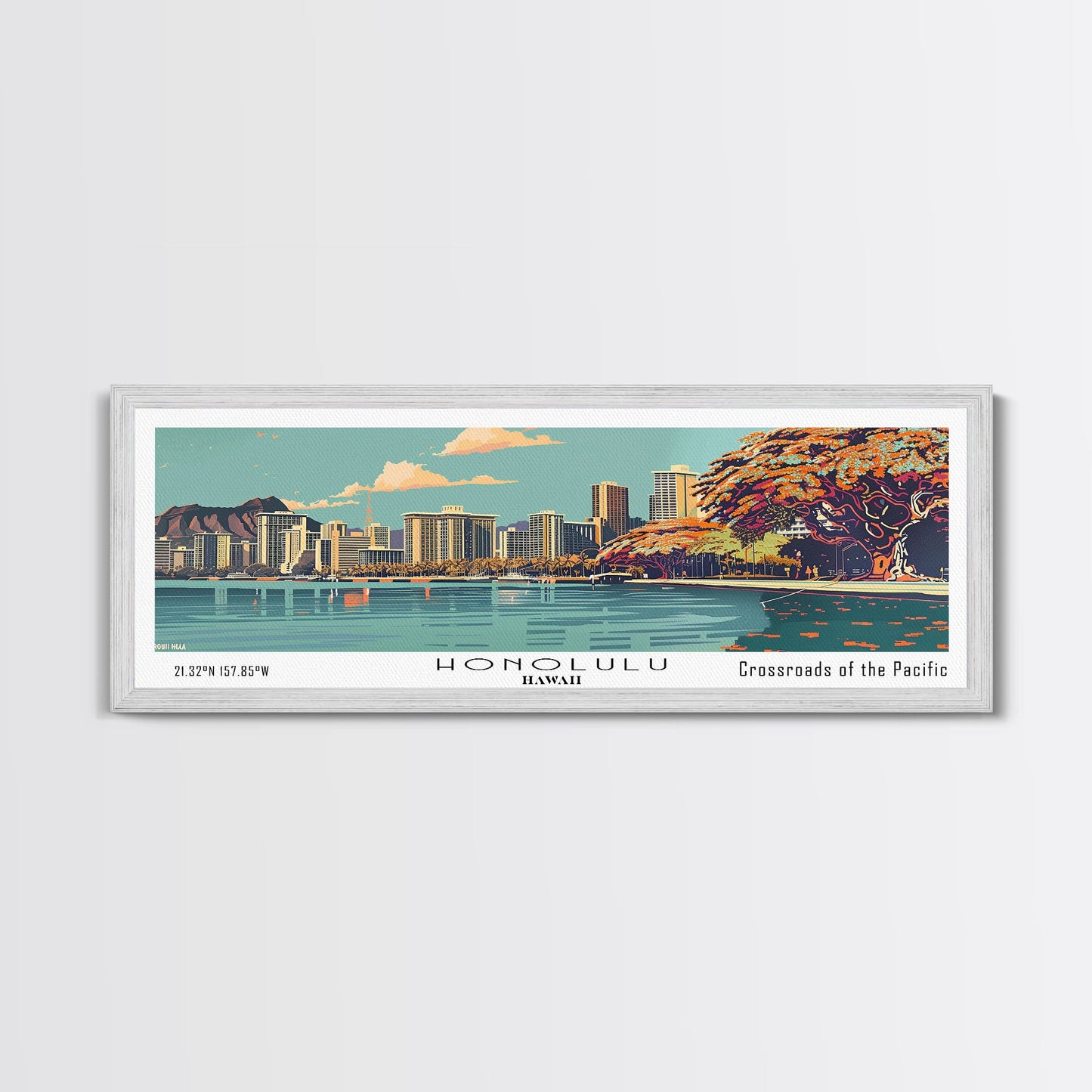 Honolulu Hawaii Panoramic Painting, Mid Century Modern Framed Canvas Print, Retro Pop Art Travel Poster, Cityscape Wall Art, Home Decor, Living Room Art, Office Wall Art