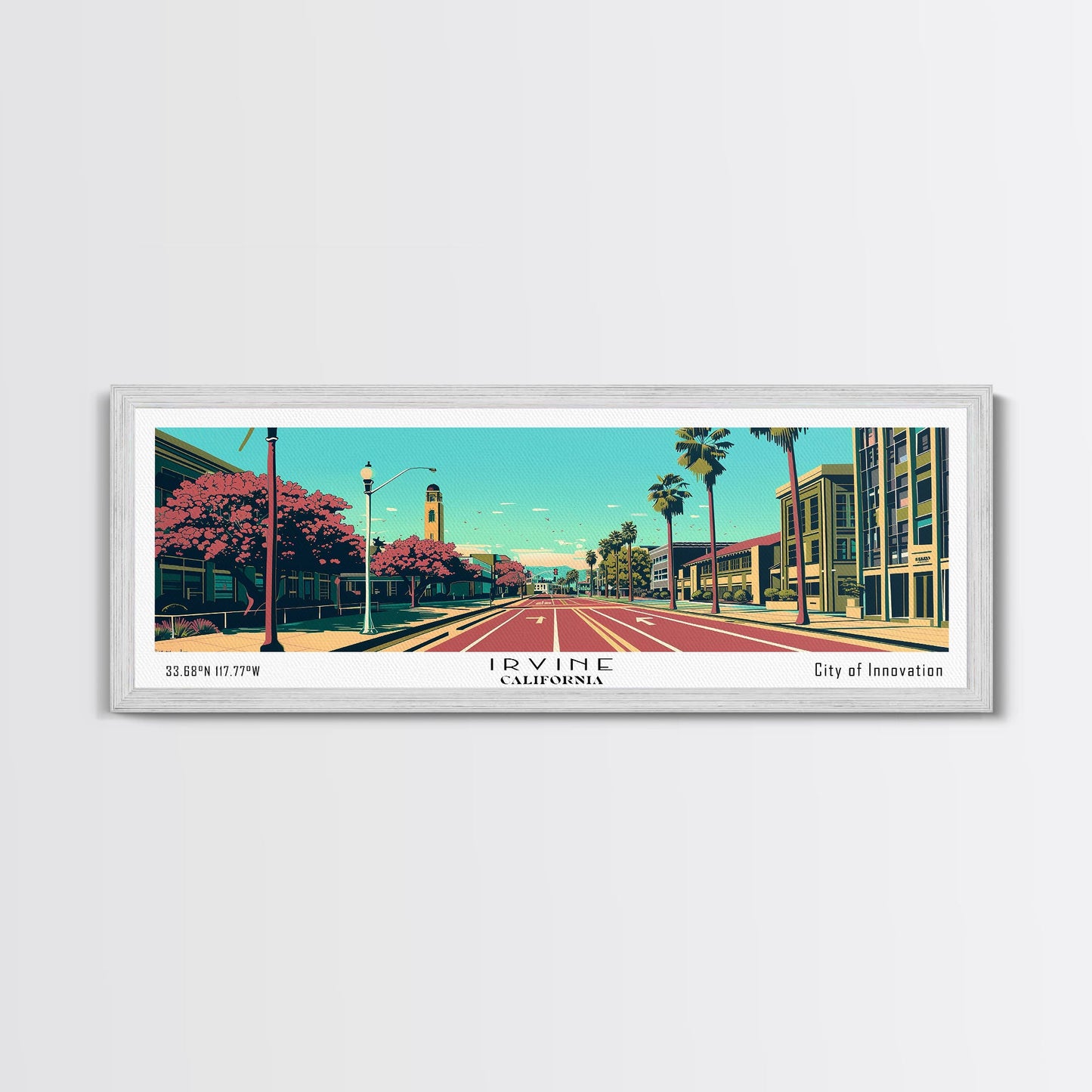 Irvine California Panoramic Wall Art, Mid Century Modern Framed Canvas Print, Retro Pop Art Travel Poster, Cityscape Decor, Living Room Art, Office Wall Art, Home Decor